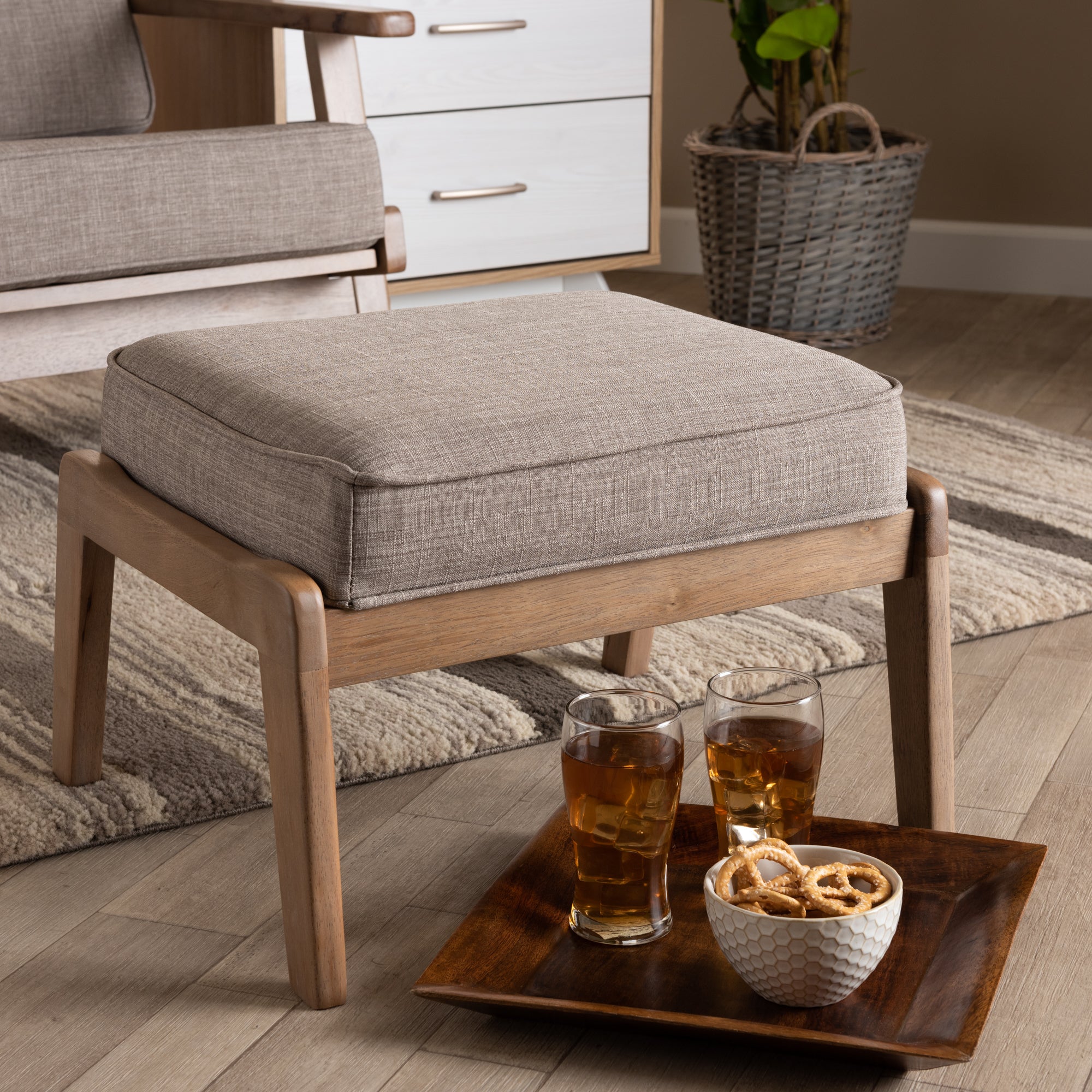 Sigrid Mid-Century Modern Light Grey Fabric Upholstered Antique Oak Finished Wood Ottoman