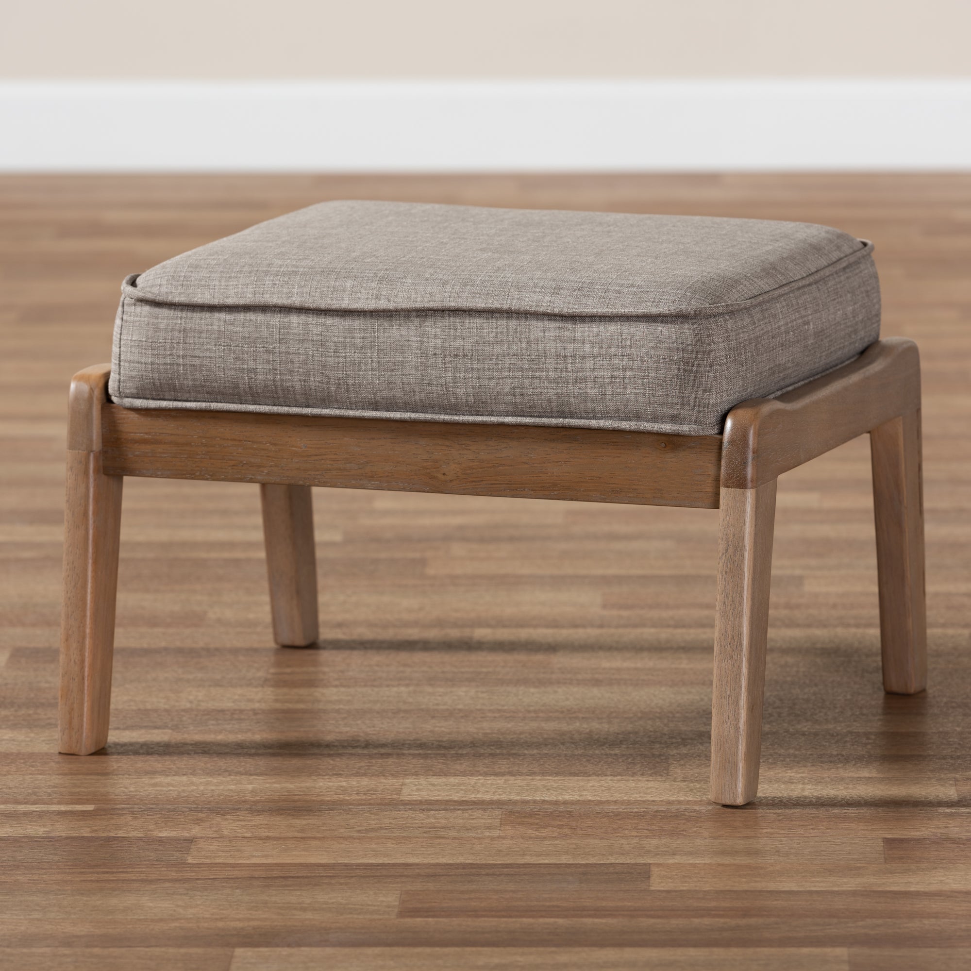 Sigrid Mid-Century Modern Light Grey Fabric Upholstered Antique Oak Finished Wood Ottoman