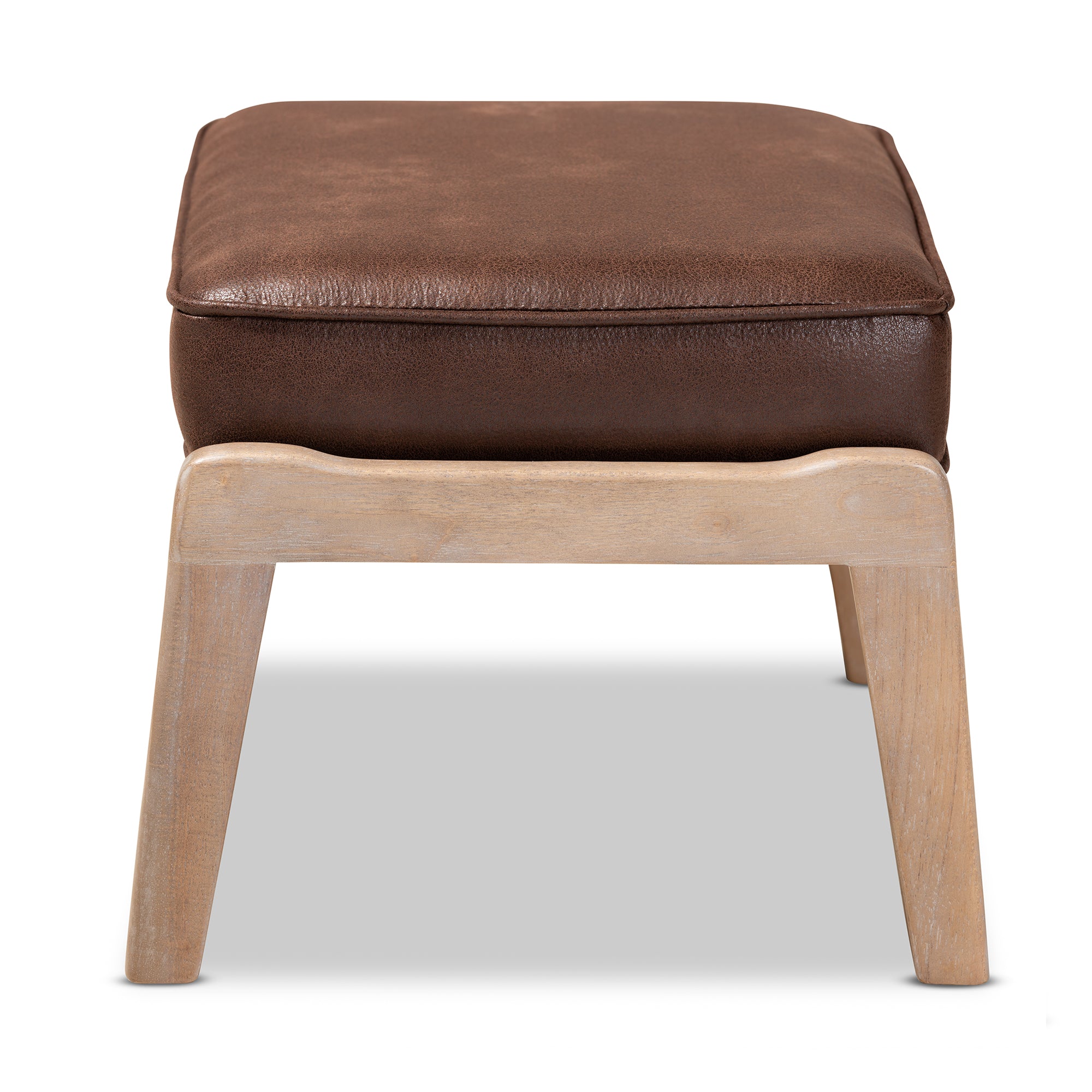 Sigrid Mid-Century Modern Dark Brown Faux Leather Effect Fabric Upholstered Antique Oak Finished Wood Ottoman