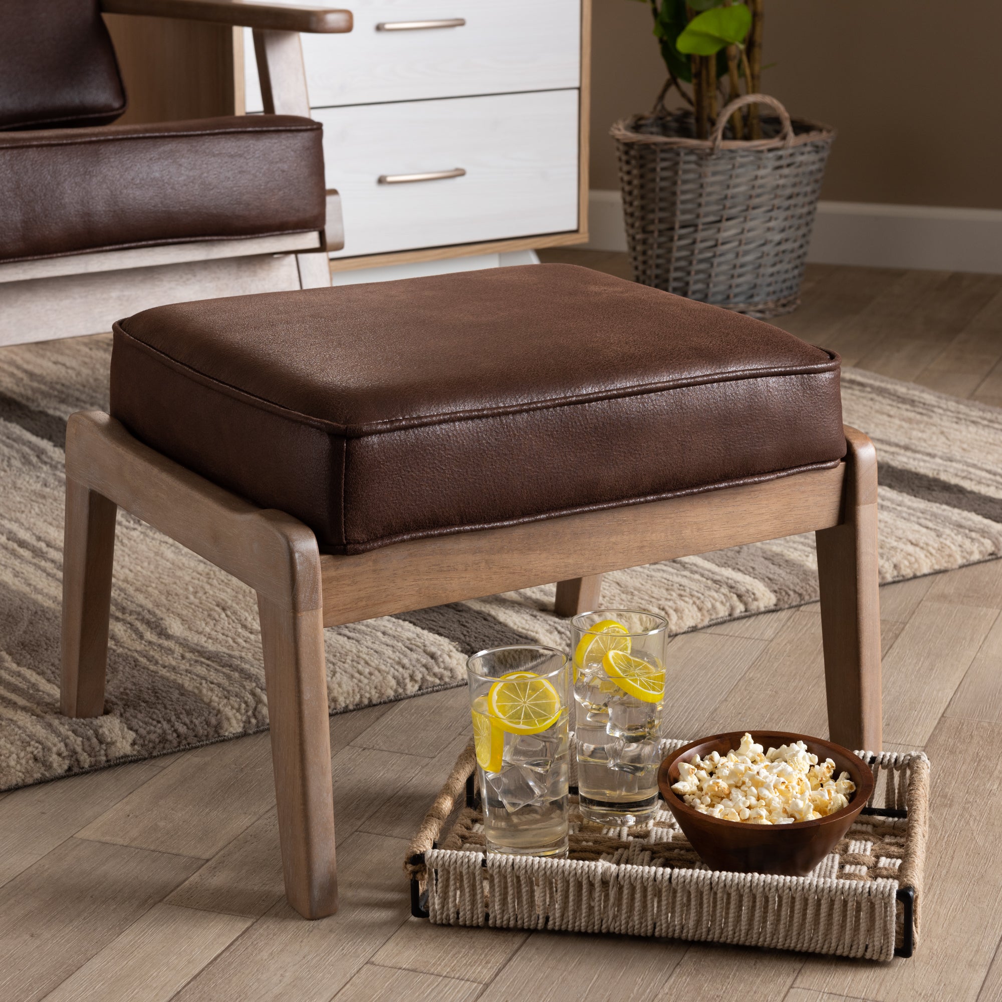 Sigrid Mid-Century Modern Dark Brown Faux Leather Effect Fabric Upholstered Antique Oak Finished Wood Ottoman