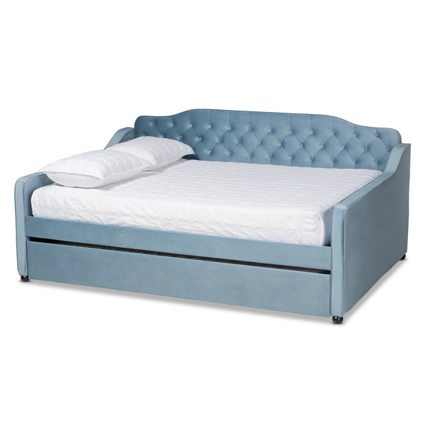 Freda Transitional and Contemporary Light Blue Velvet Fabric Upholstered and Button Tufted Full Size Daybed with Trundle