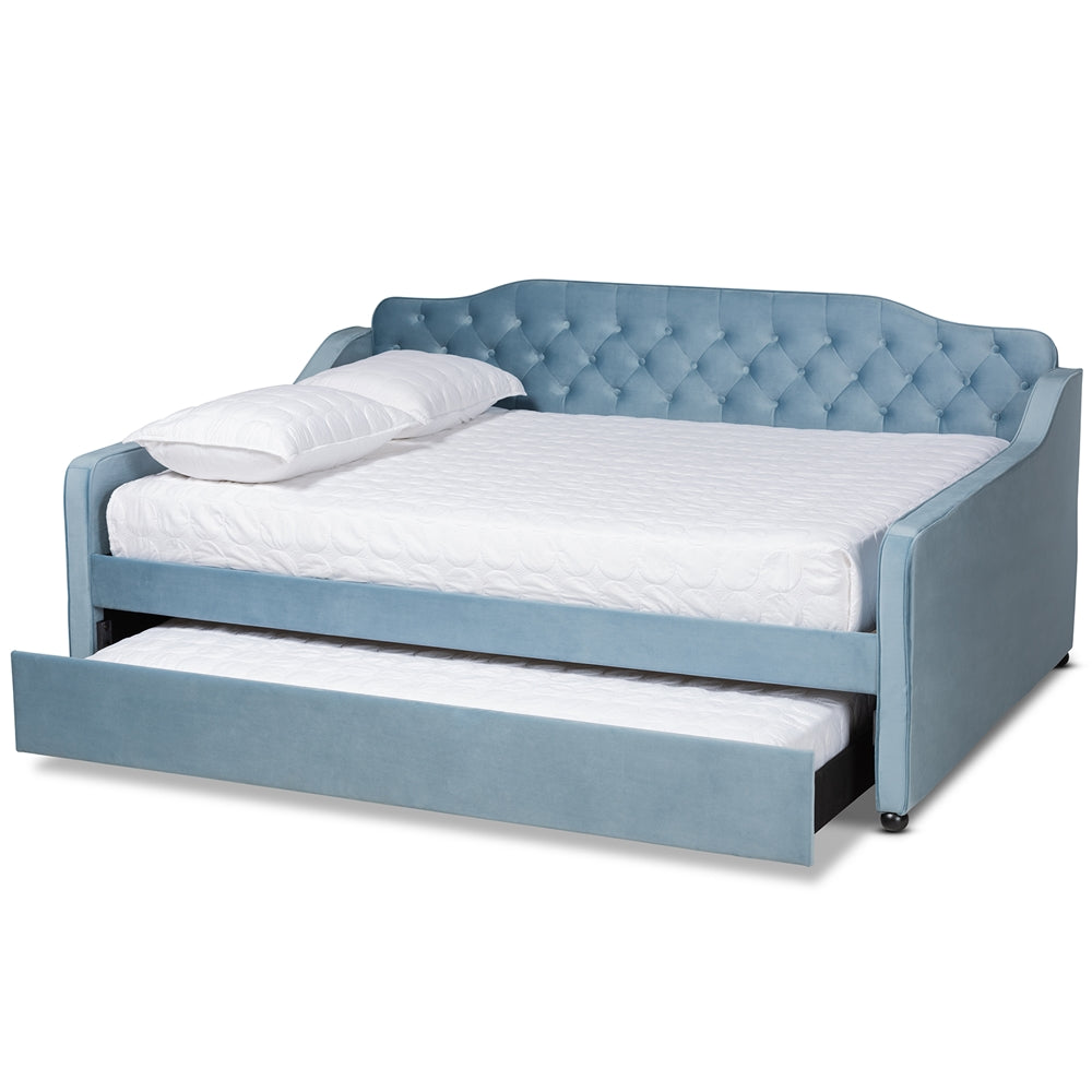 Freda Transitional and Contemporary Light Blue Velvet Fabric Upholstered and Button Tufted Full Size Daybed with Trundle