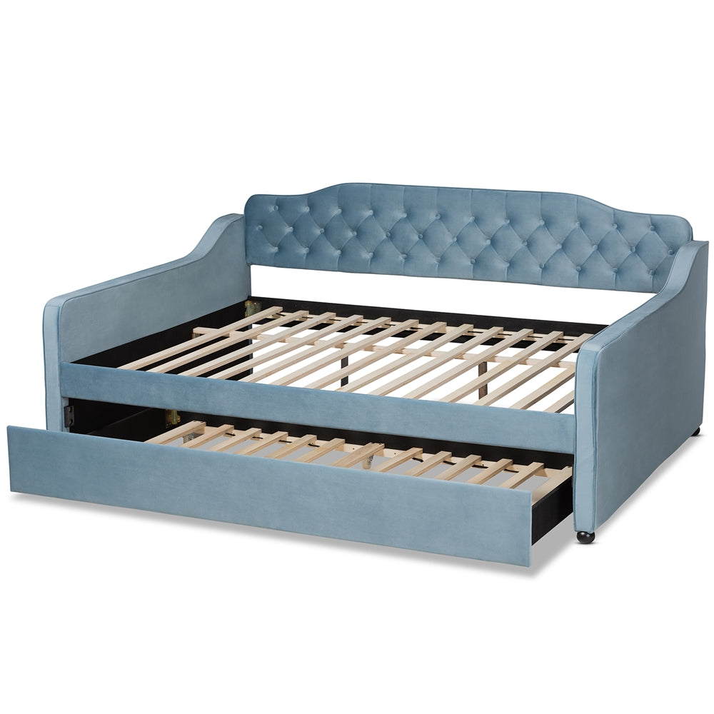 Freda Transitional and Contemporary Light Blue Velvet Fabric Upholstered and Button Tufted Full Size Daybed with Trundle