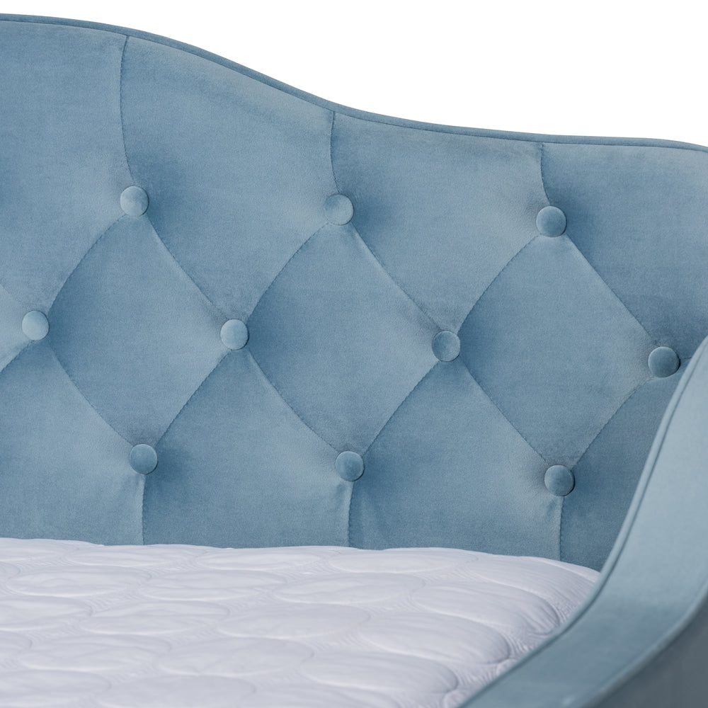 Freda Transitional and Contemporary Light Blue Velvet Fabric Upholstered and Button Tufted Queen Size Daybed with Trundle