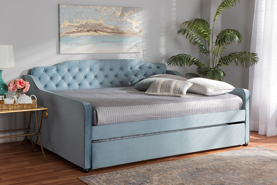 Freda Transitional and Contemporary Light Blue Velvet Fabric Upholstered and Button Tufted Queen Size Daybed with Trundle