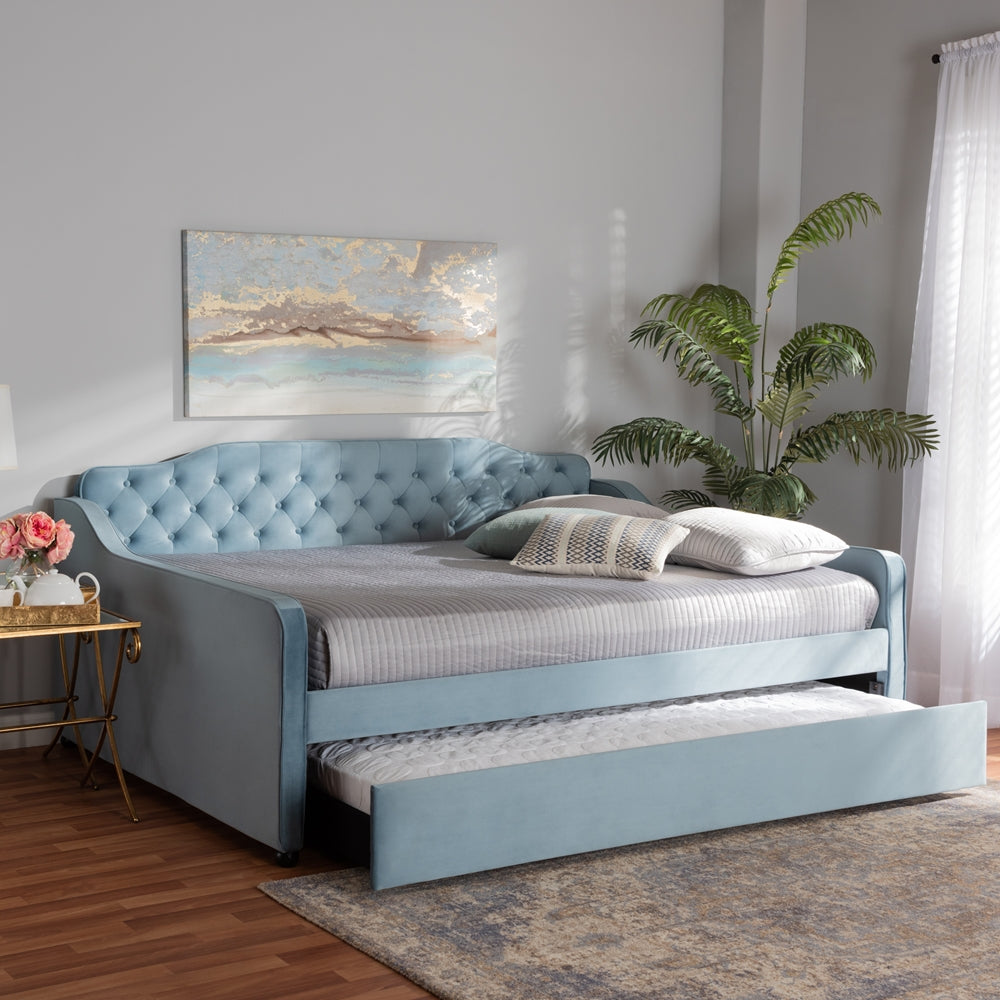 Freda Transitional and Contemporary Light Blue Velvet Fabric Upholstered and Button Tufted Full Size Daybed with Trundle