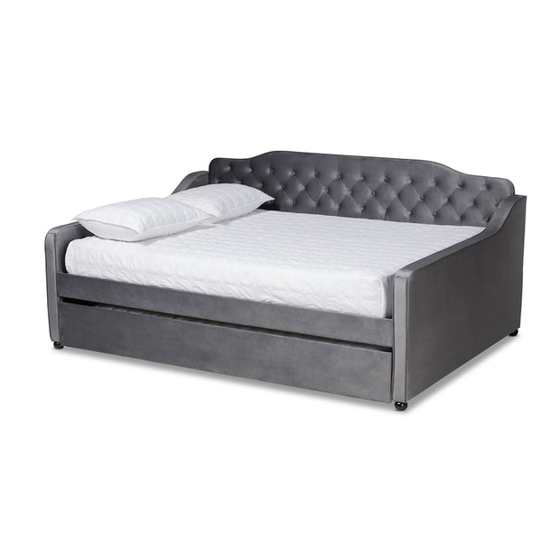 Freda Grey Velvet Fabric and Button Tufted Queen Size Daybed with Trundle