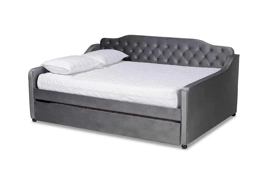 Freda Grey Velvet Fabric and Button Tufted Queen Size Daybed with Trundle