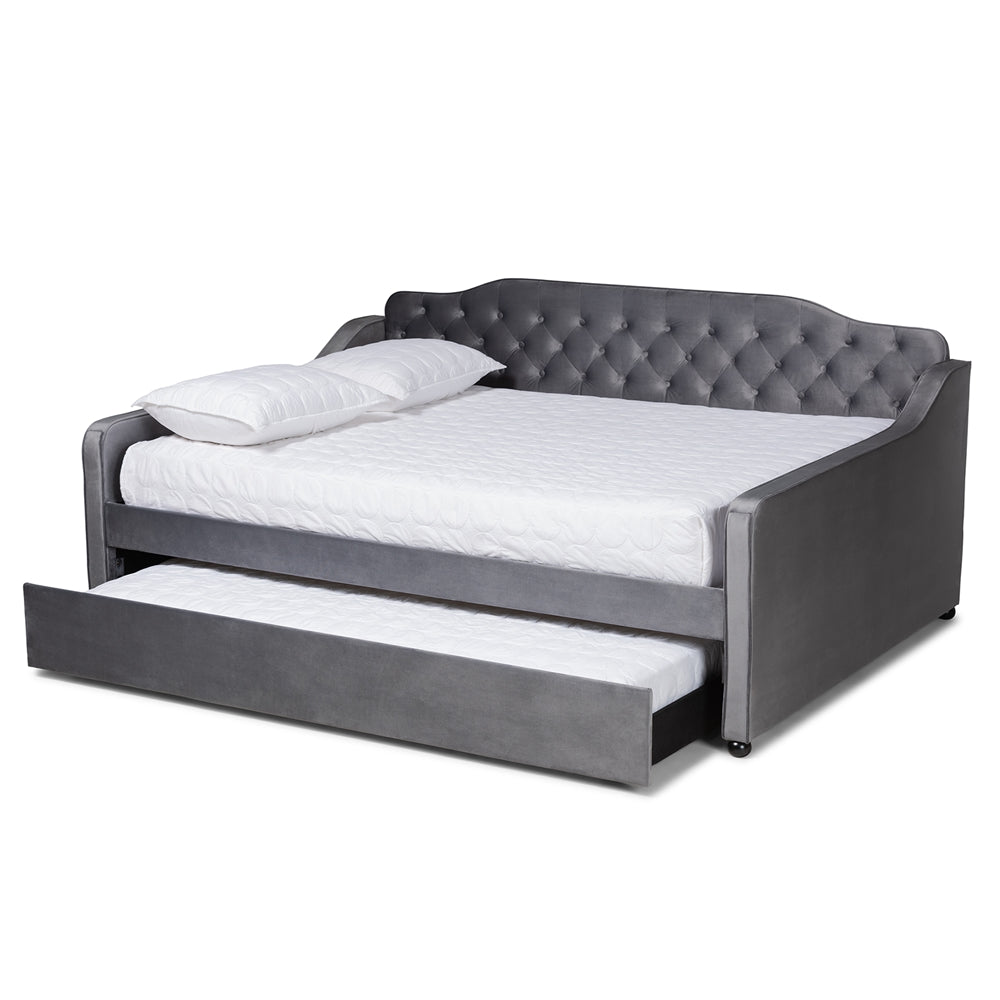 Freda Grey Velvet Tufted Full Size Daybed with Trundle