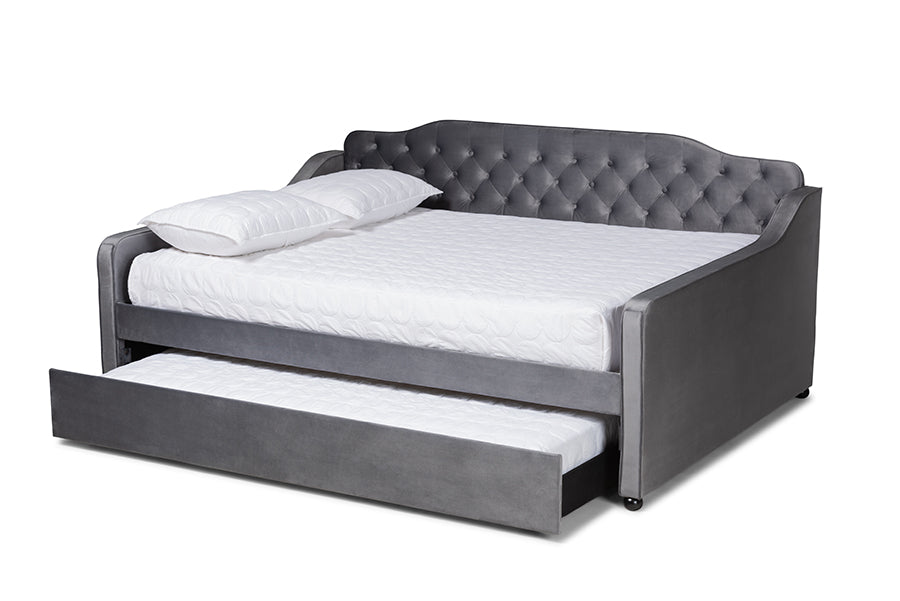 Freda Grey Velvet Tufted Full Size Daybed with Trundle