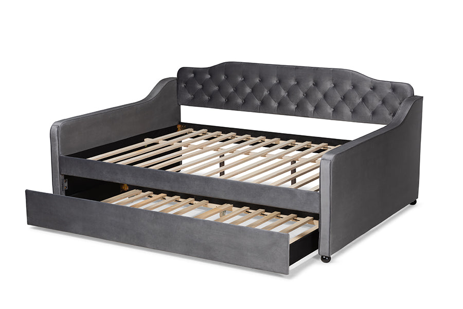 Freda Grey Velvet Fabric and Button Tufted Queen Size Daybed with Trundle