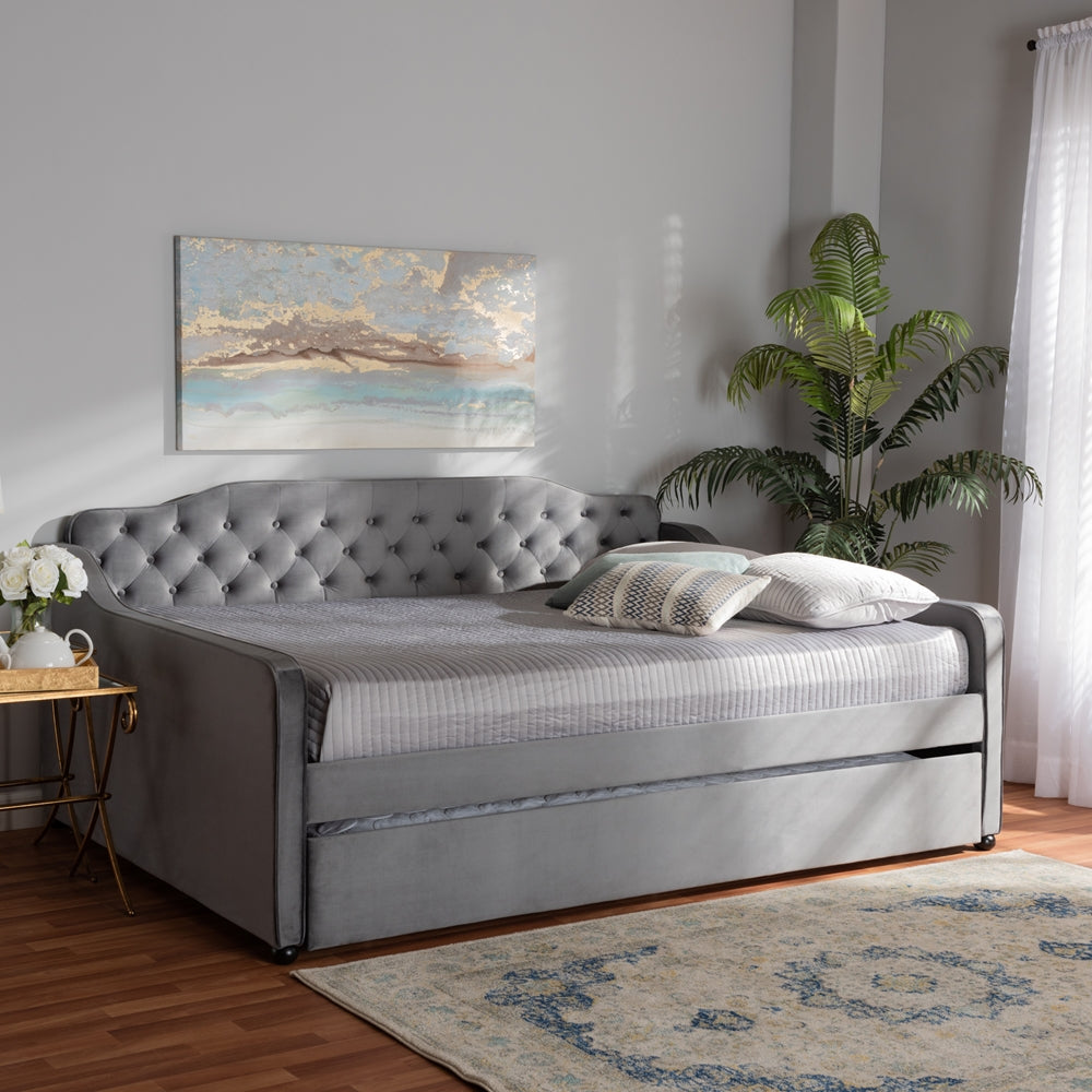 Freda Grey Velvet Fabric and Button Tufted Queen Size Daybed with Trundle