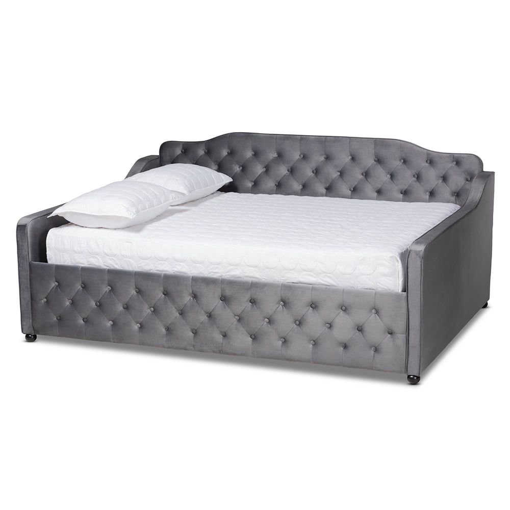 Freda Transitional and Contemporary Grey Velvet Fabric Upholstered and Button Tufted Queen Size Daybed