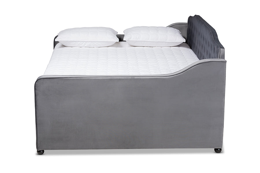 Freda Transitional and Contemporary Grey Velvet Fabric Upholstered and Button Tufted Full Size Daybed