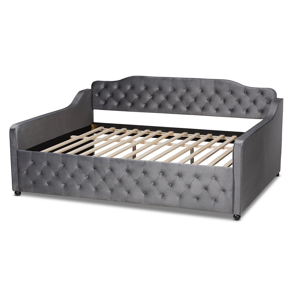 Freda Transitional and Contemporary Grey Velvet Fabric Upholstered and Button Tufted Full Size Daybed
