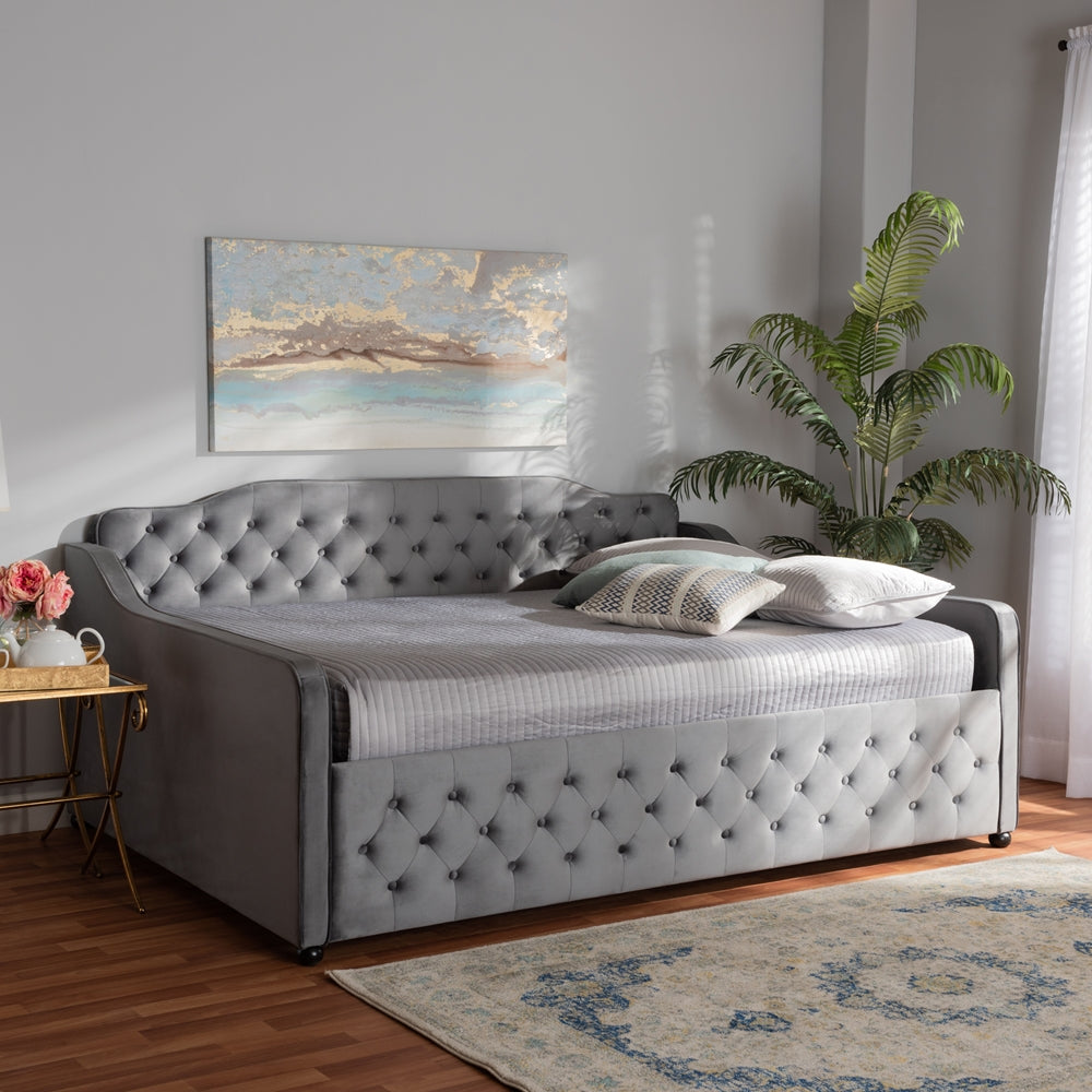 Freda Transitional and Contemporary Grey Velvet Fabric Upholstered and Button Tufted Full Size Daybed