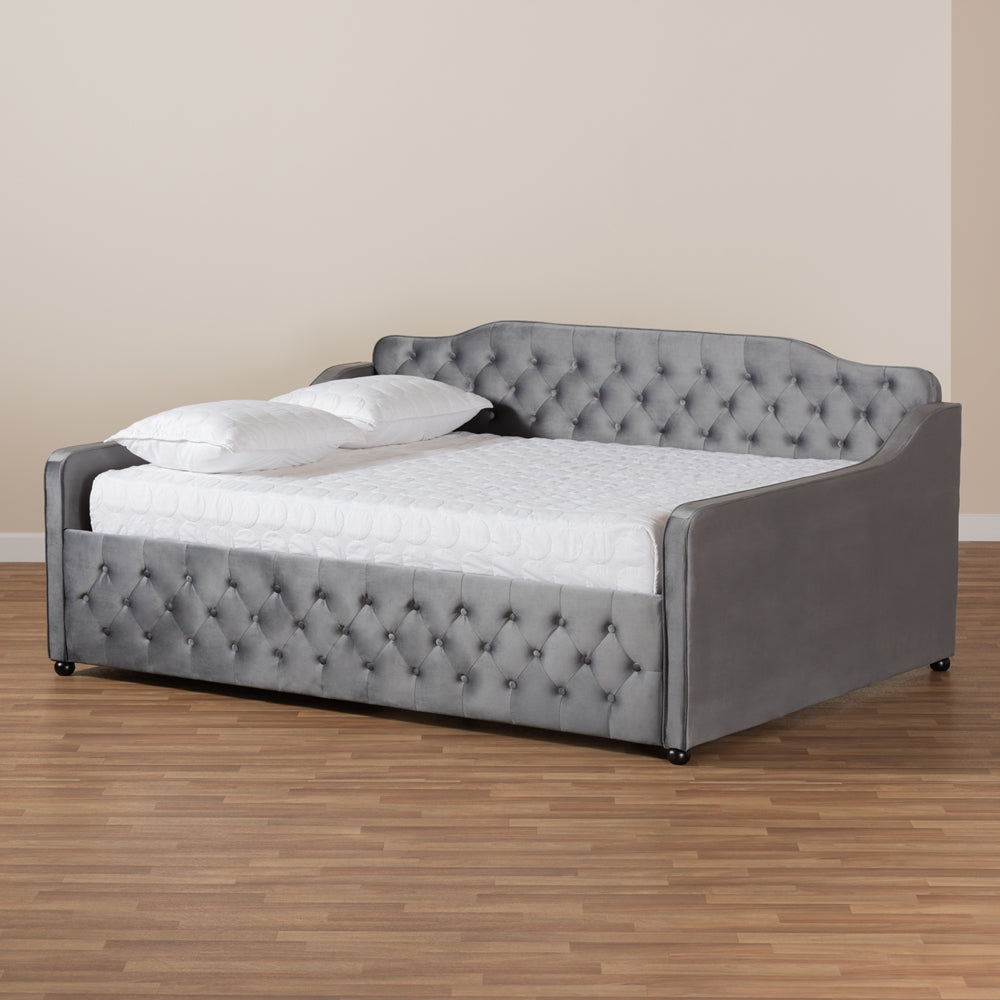 Freda Queen Size Daybed Transitional Grey Velvet & Button Tufted