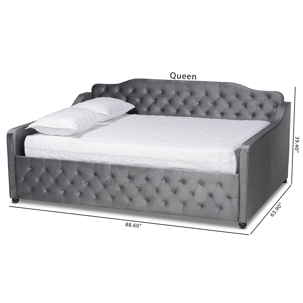 Freda Queen Size Daybed Transitional Grey Velvet & Button Tufted