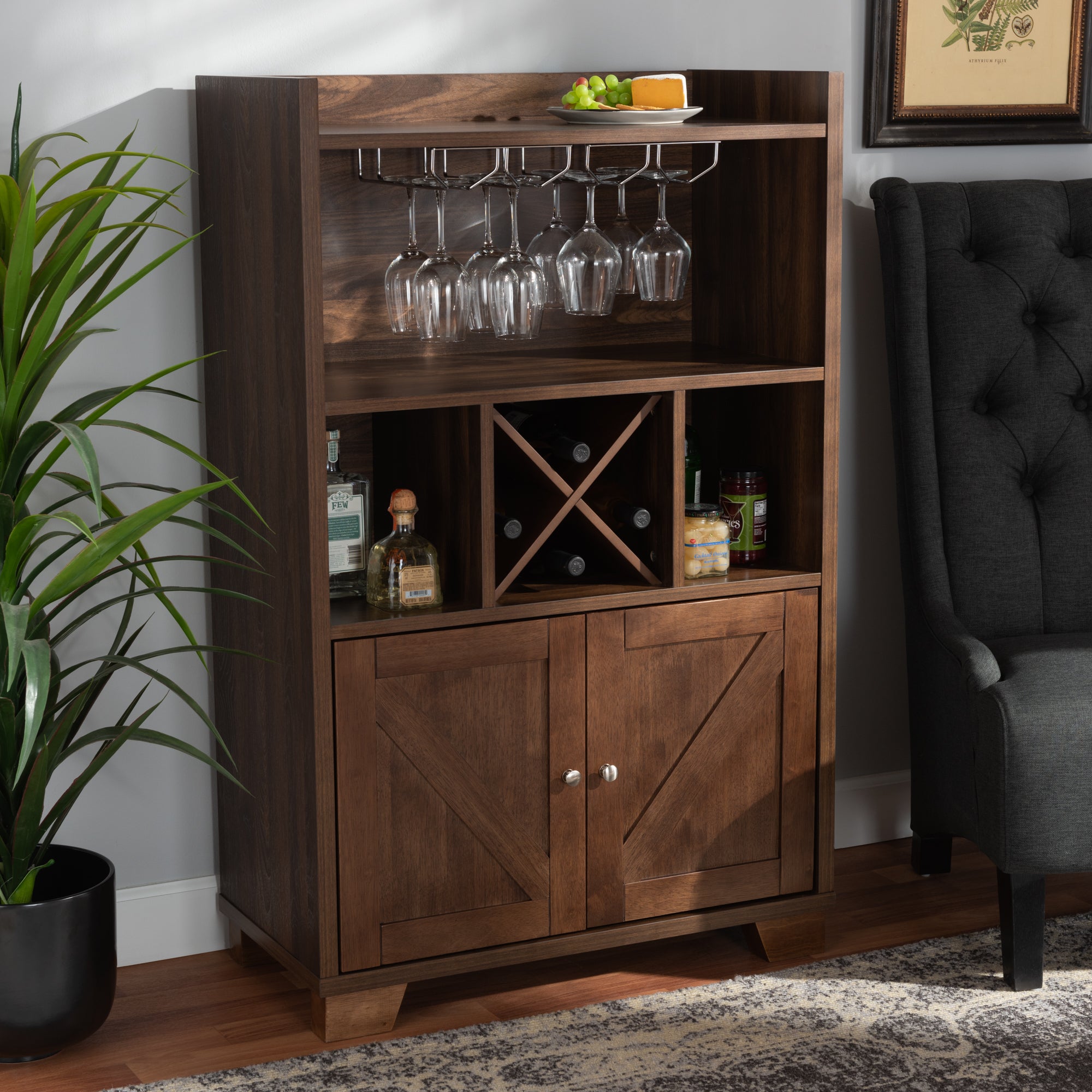 Carrie Transitional Farmhouse Walnut Brown Finished Wood Wine Storage Cabinet