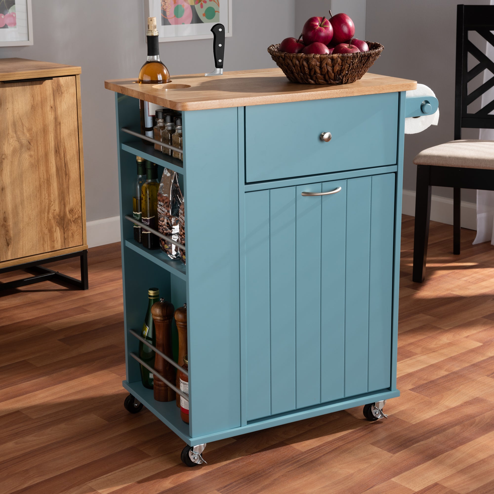 Liona Modern and Contemporary Sky Blue Finished Wood Kitchen Storage Cart