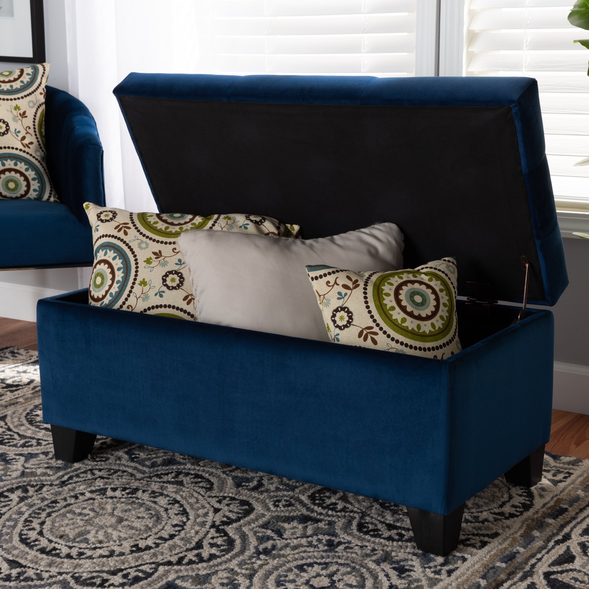 Michaela Modern and Contemporary Navy Blue Velvet Fabric Upholstered Storage Ottoman