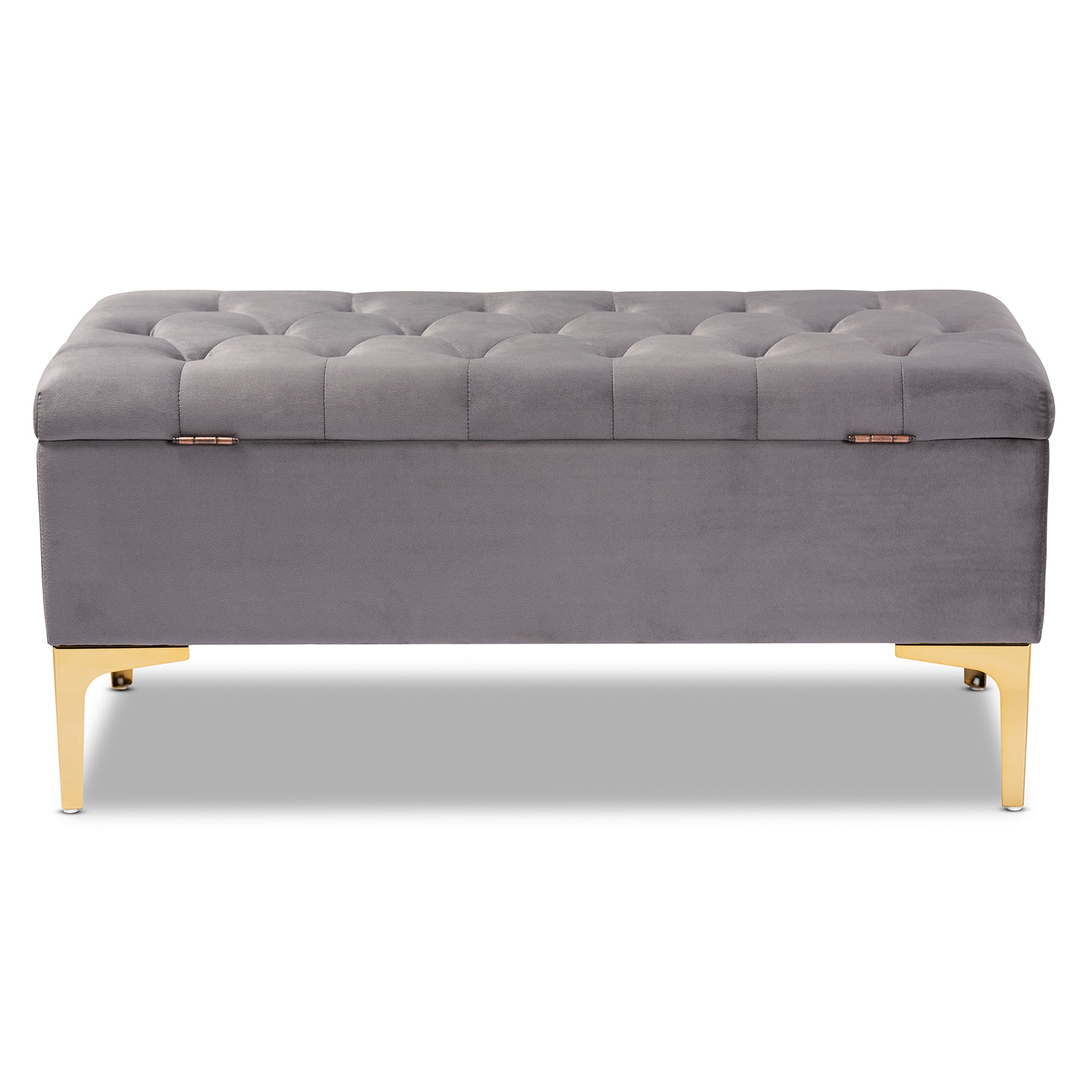 Valere and Grey Velvet Fabric Upholstered Gold Finished Button Tufted Storage Ottoman