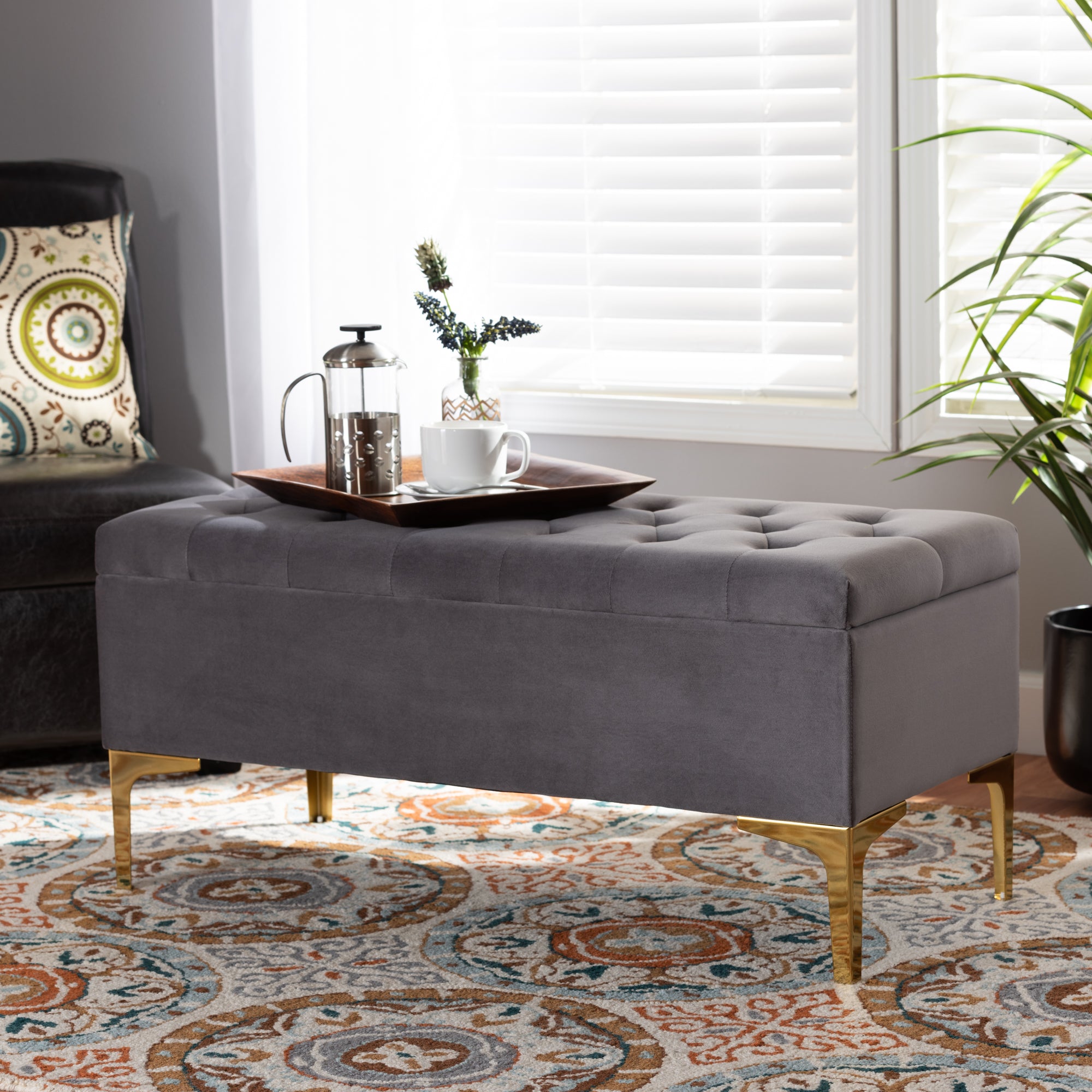 Valere and Grey Velvet Fabric Upholstered Gold Finished Button Tufted Storage Ottoman