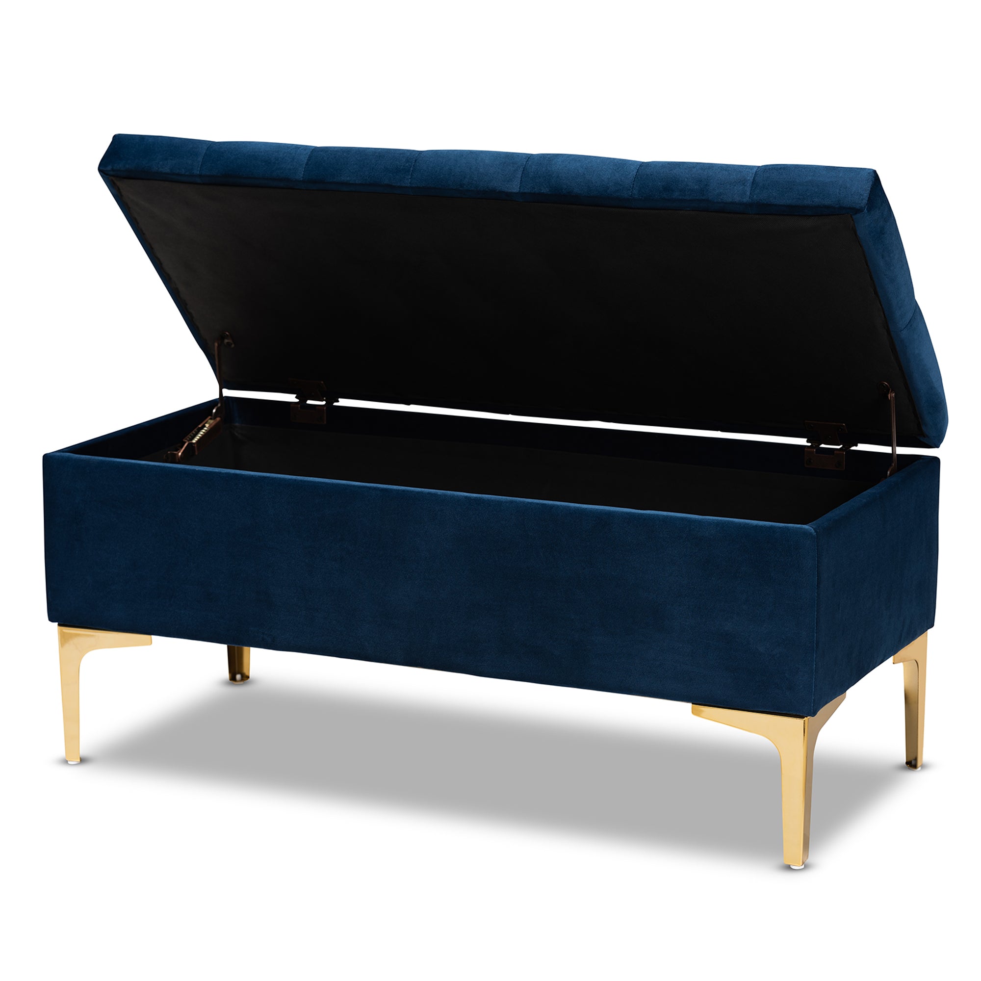 Valere and Navy Blue Velvet Fabric Upholstered Gold Finished Button Tufted Storage Ottoman