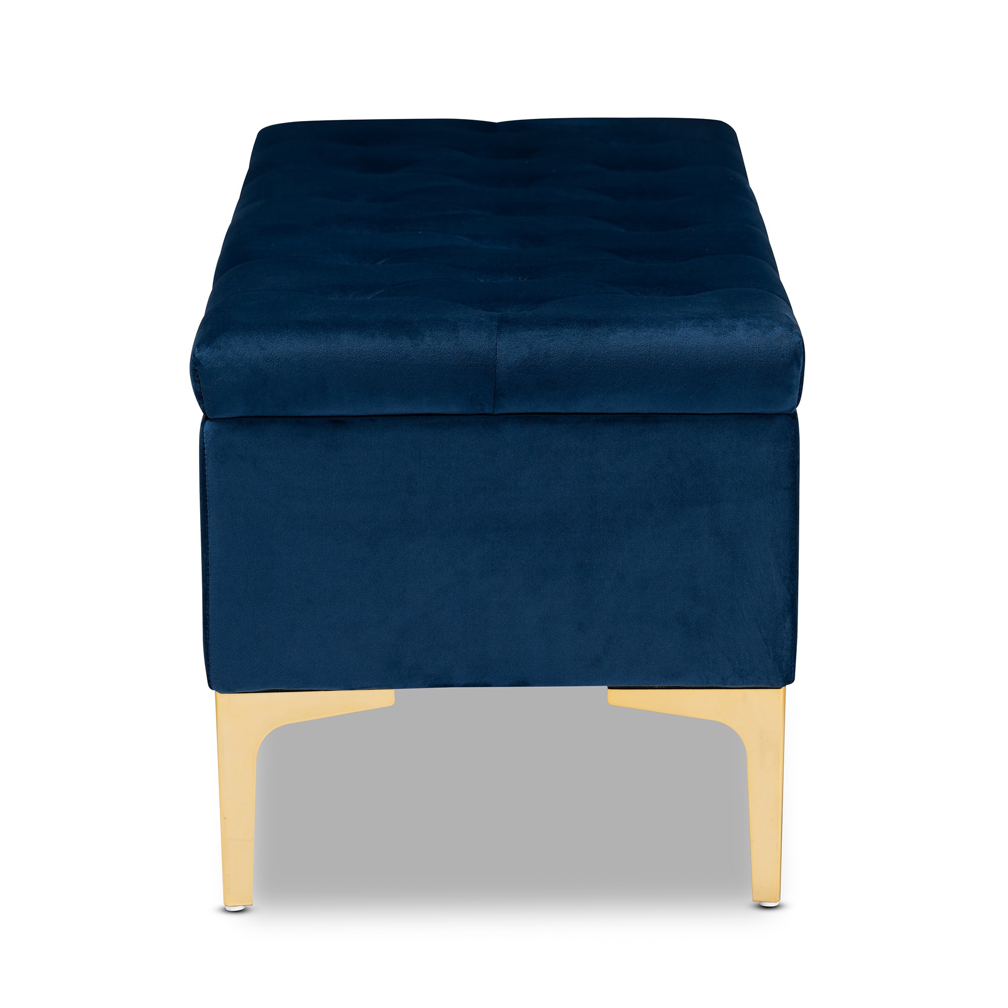 Valere and Navy Blue Velvet Fabric Upholstered Gold Finished Button Tufted Storage Ottoman