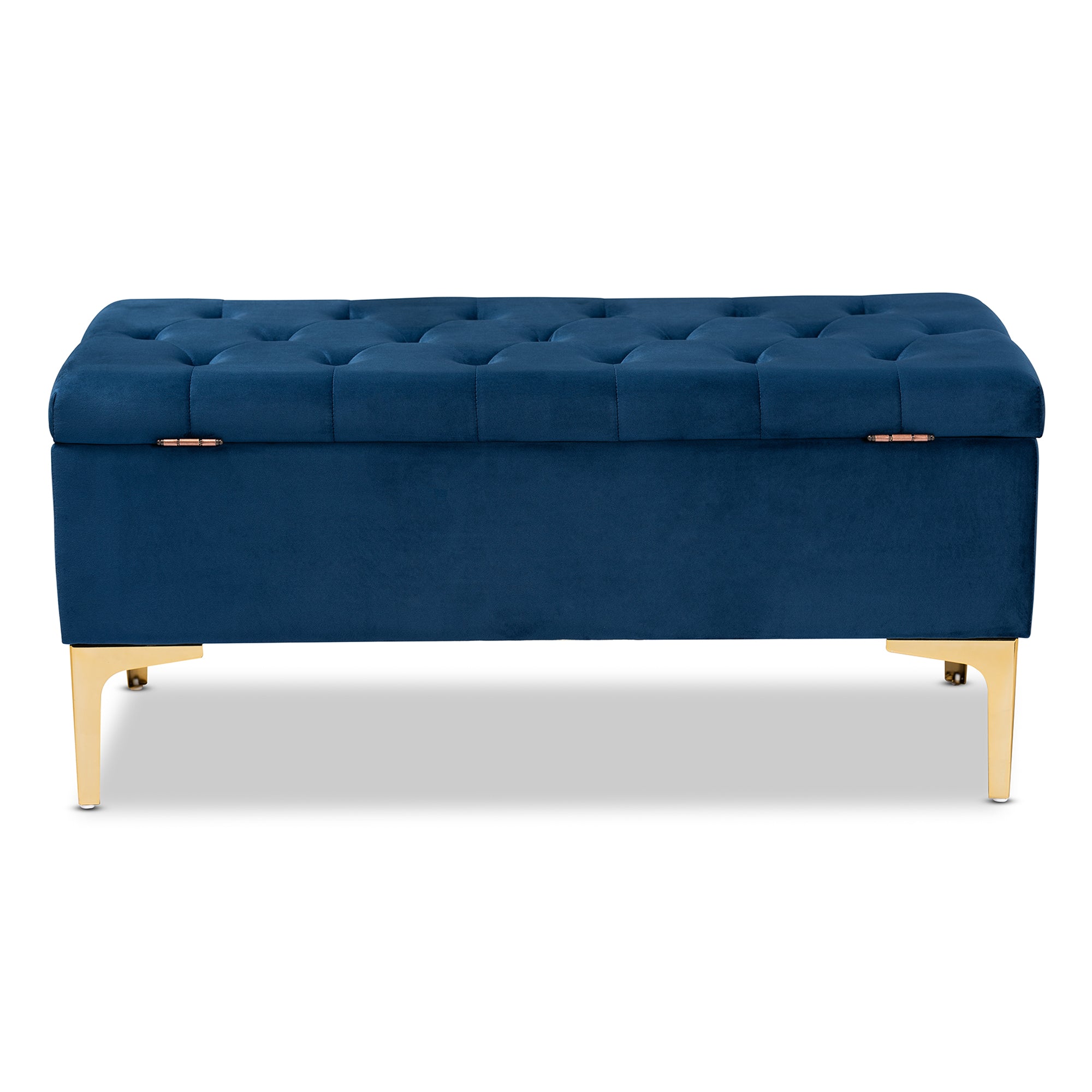 Valere and Navy Blue Velvet Fabric Upholstered Gold Finished Button Tufted Storage Ottoman