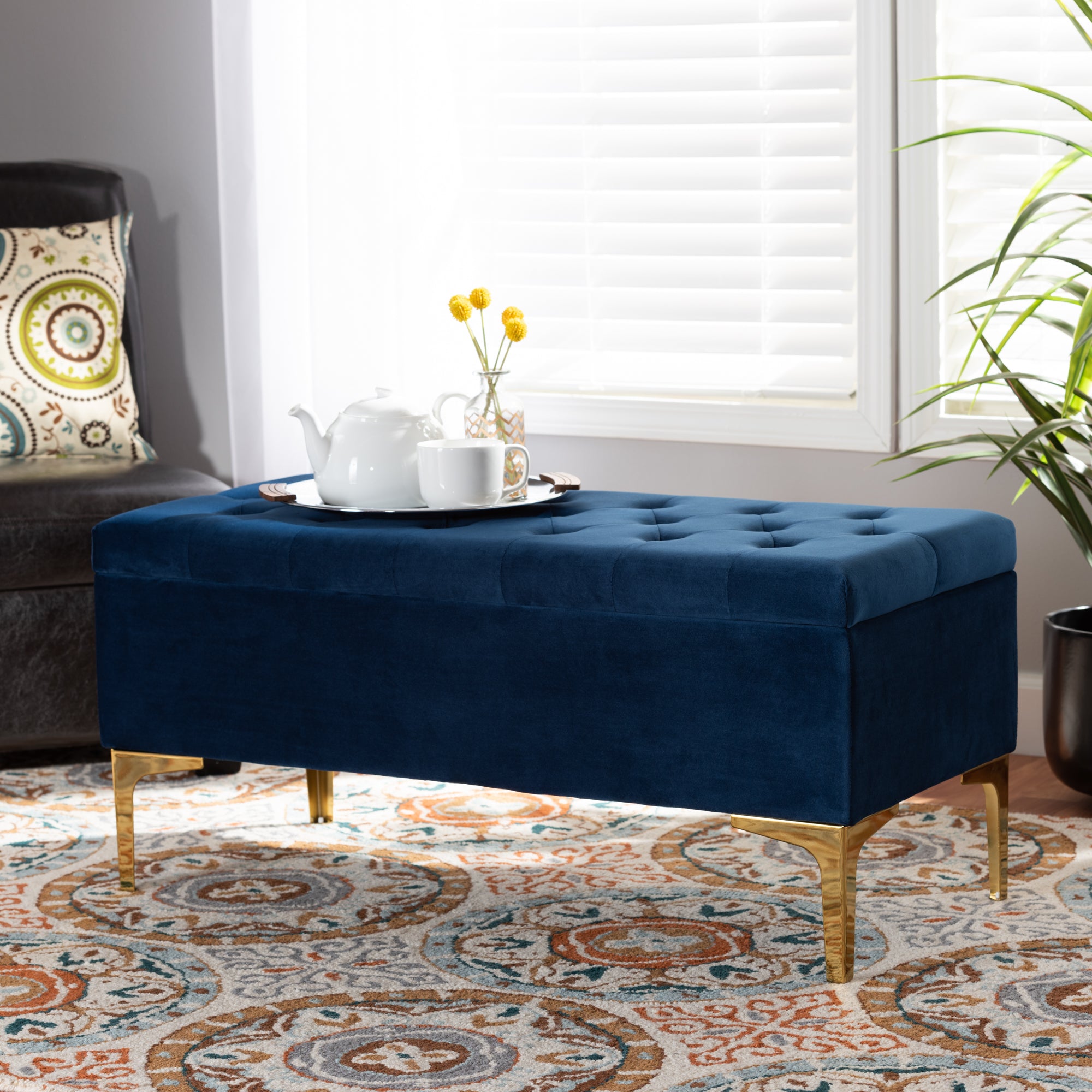 Valere and Navy Blue Velvet Fabric Upholstered Gold Finished Button Tufted Storage Ottoman