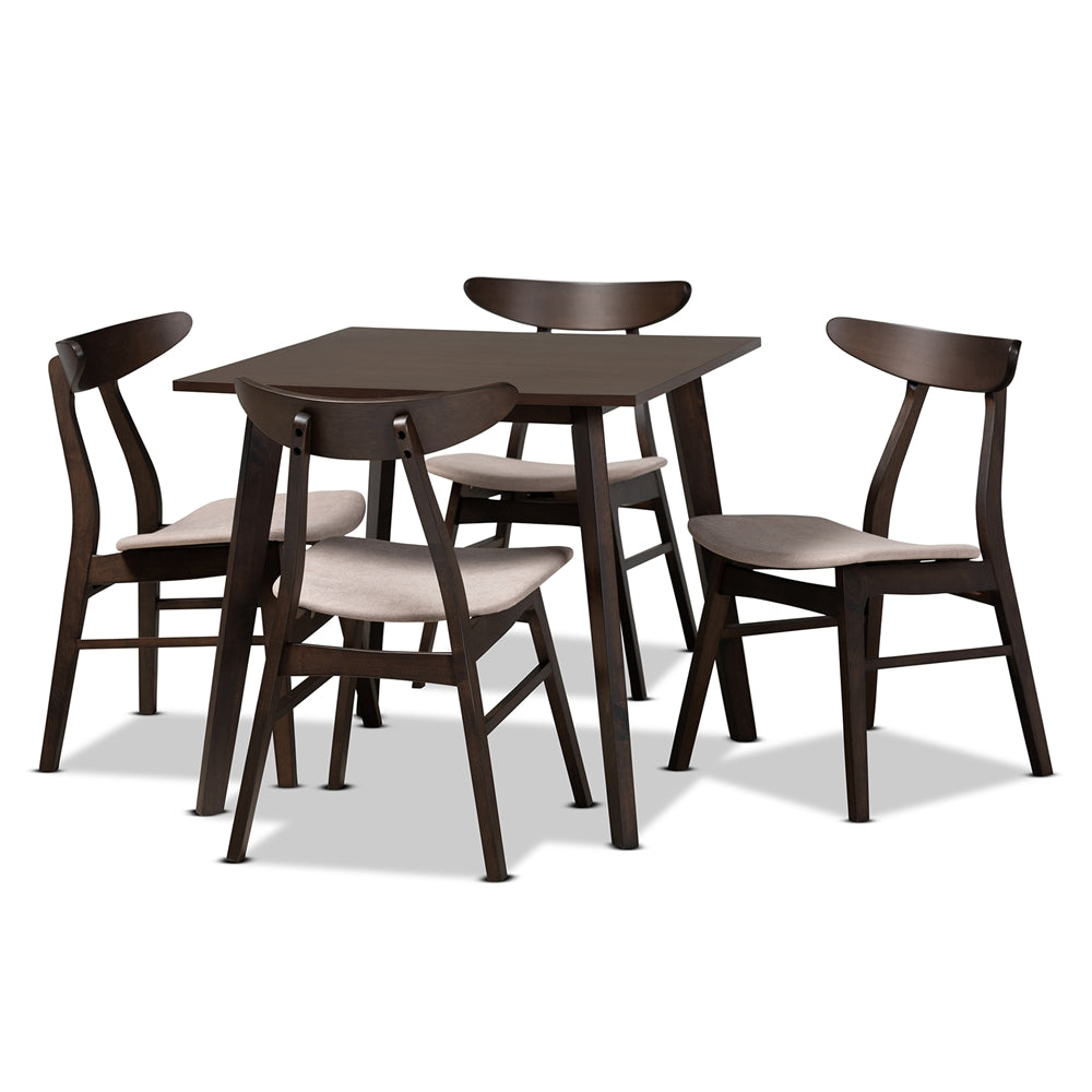 Britte Mid-Century Modern Beige Fabric Upholstered Dark Oak Brown Finished 5-Piece Wood Dining Set