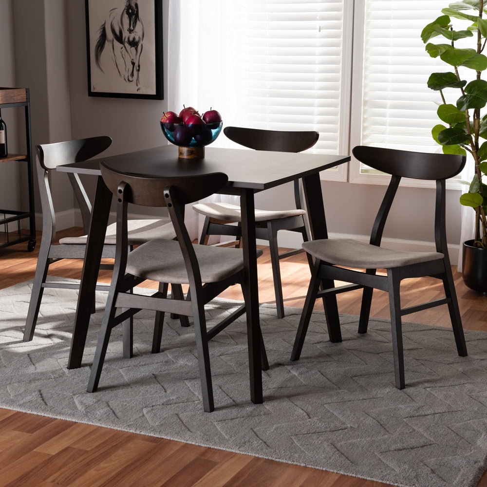 Britte Mid-Century Modern Beige Fabric Upholstered Dark Oak Brown Finished 5-Piece Wood Dining Set