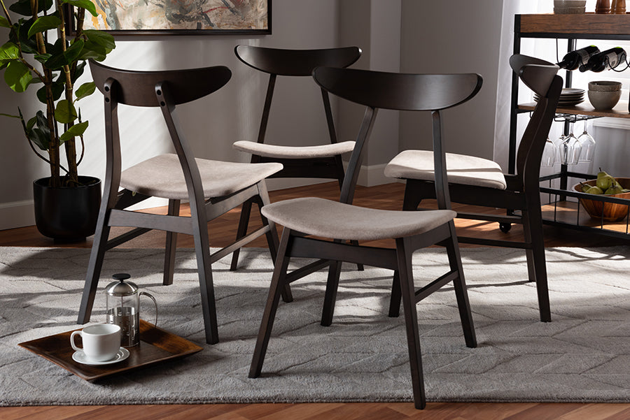 Britte Mid-Century Modern Beige Fabric Upholstered Dark Oak Brown Finished 4-Piece Wood Dining Chair Set Set