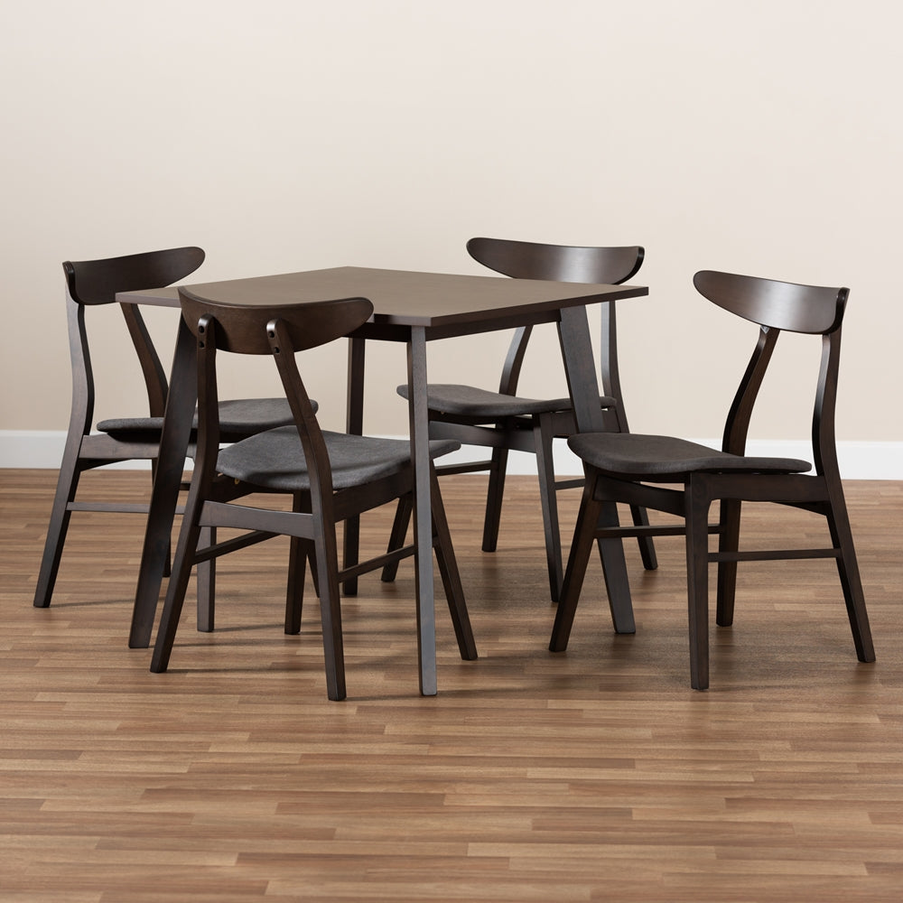 Britte Mid-Century Modern Dark Grey Fabric Upholstered Dark Oak Brown Finished 5-Piece Wood Dining Set