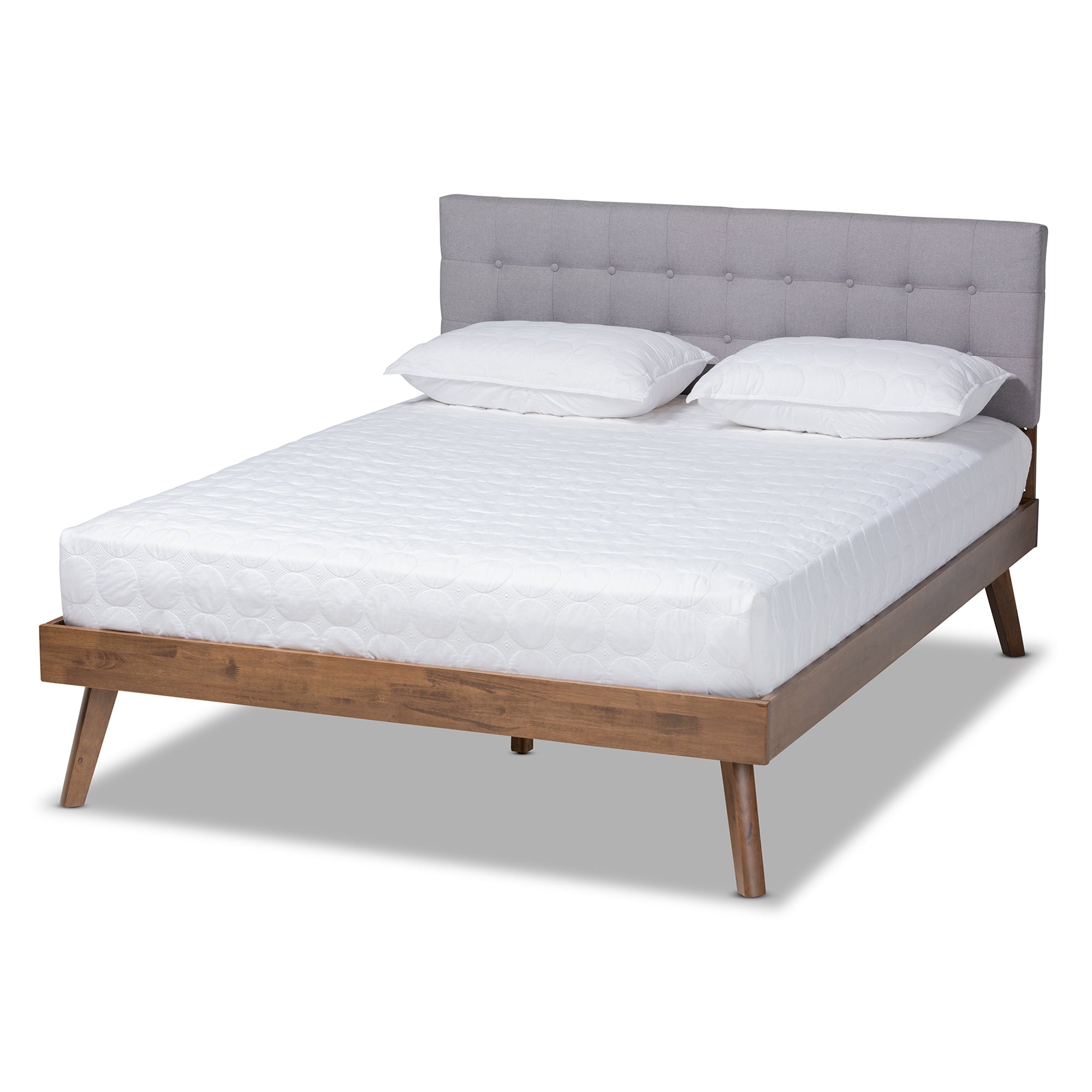 Devan Mid-Century Light Grey Walnut Brown Finished Queen Size Bed