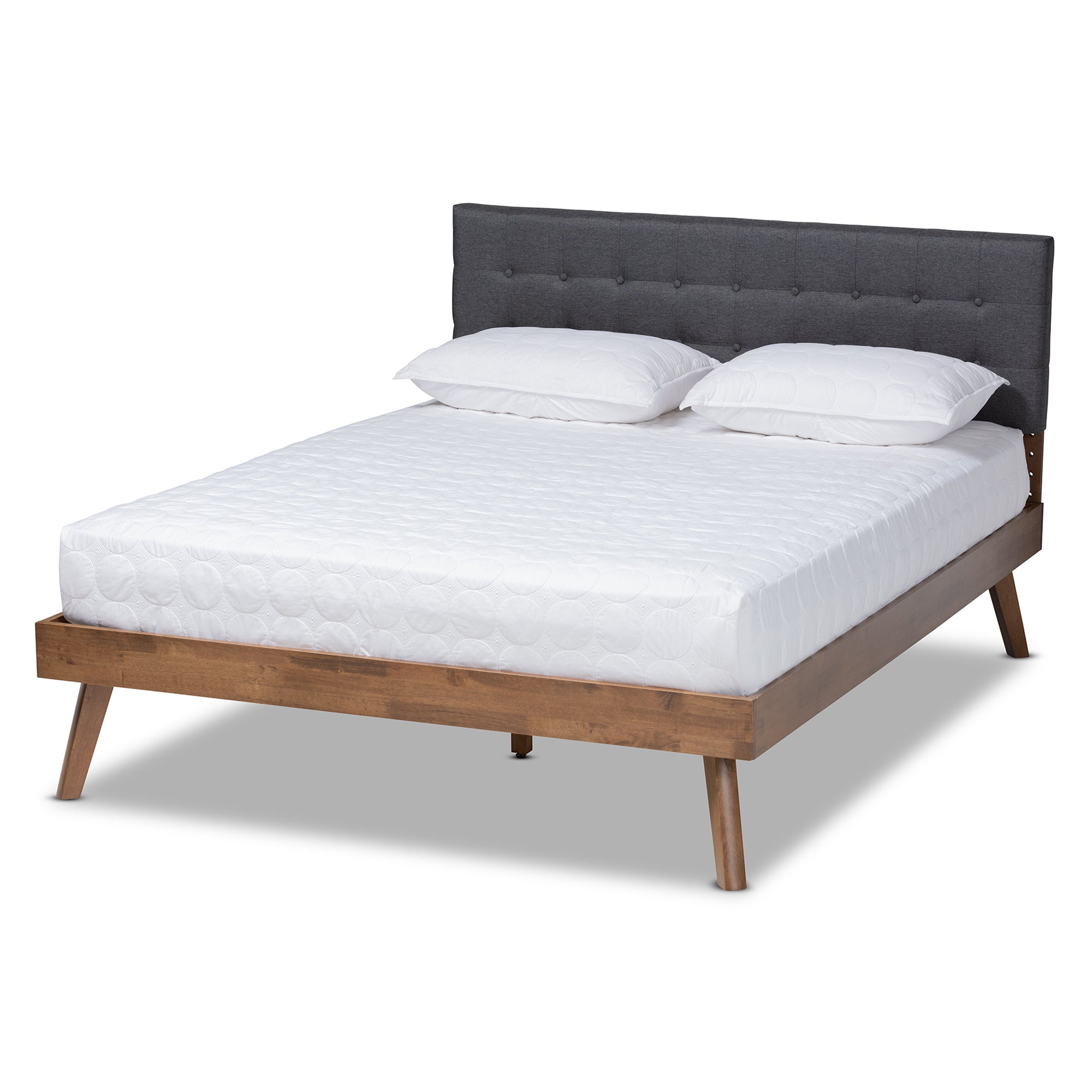 Devan Mid-Century Modern Dark Grey Fabric Upholstered Walnut Brown Finished Wood Queen Size Platform Bed