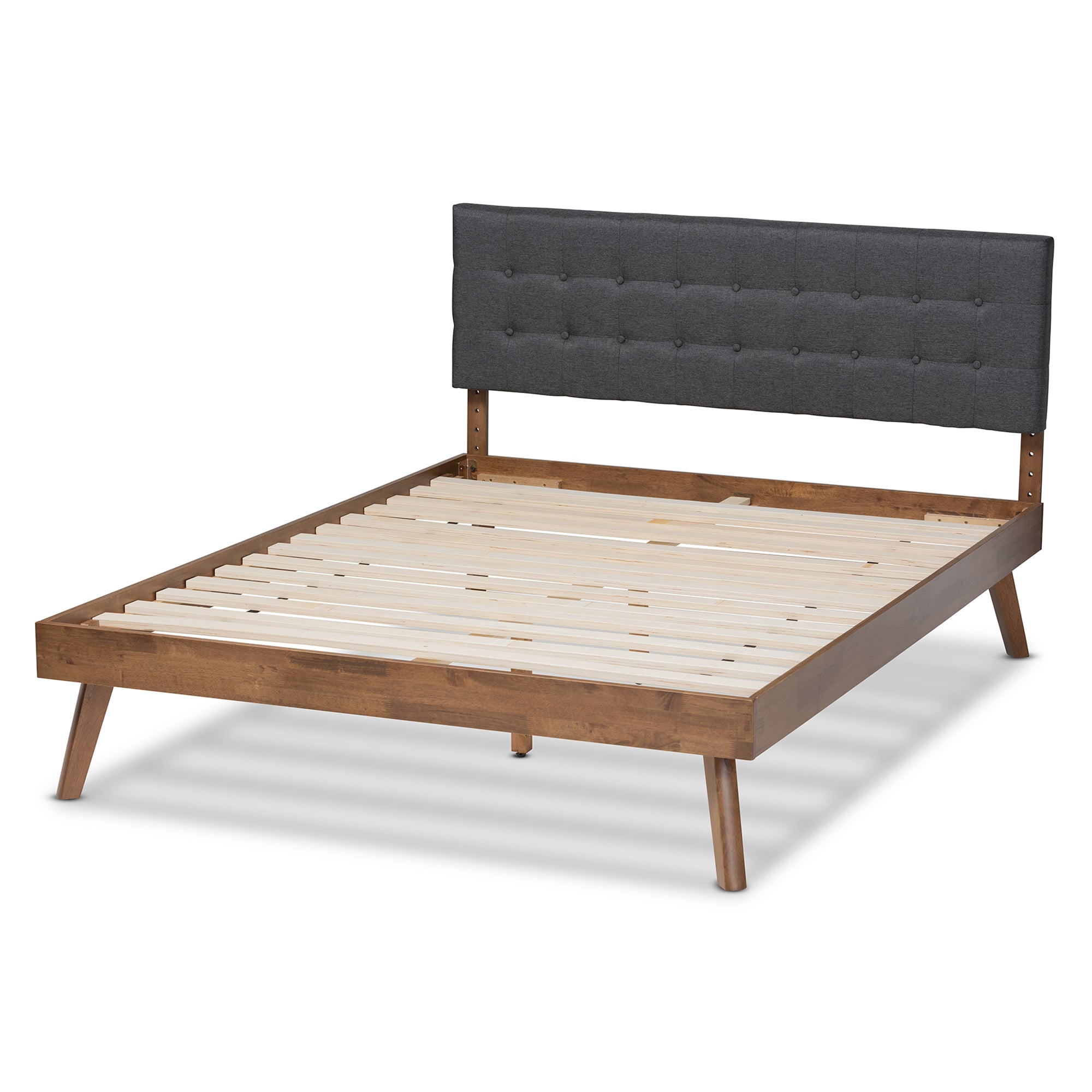 Devan Mid-Century Modern Dark Grey Fabric Upholstered Walnut Brown Finished Wood Queen Size Platform Bed