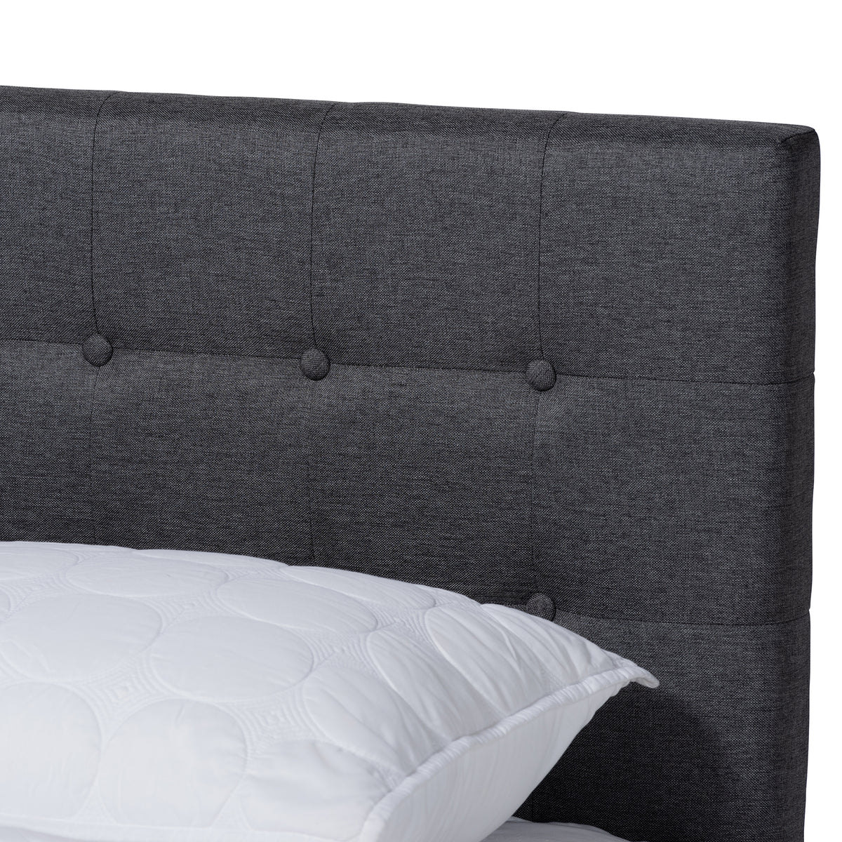 Devan Mid-Century Modern Dark Grey Fabric Upholstered Walnut Brown Finished Wood King Size Platform Bed