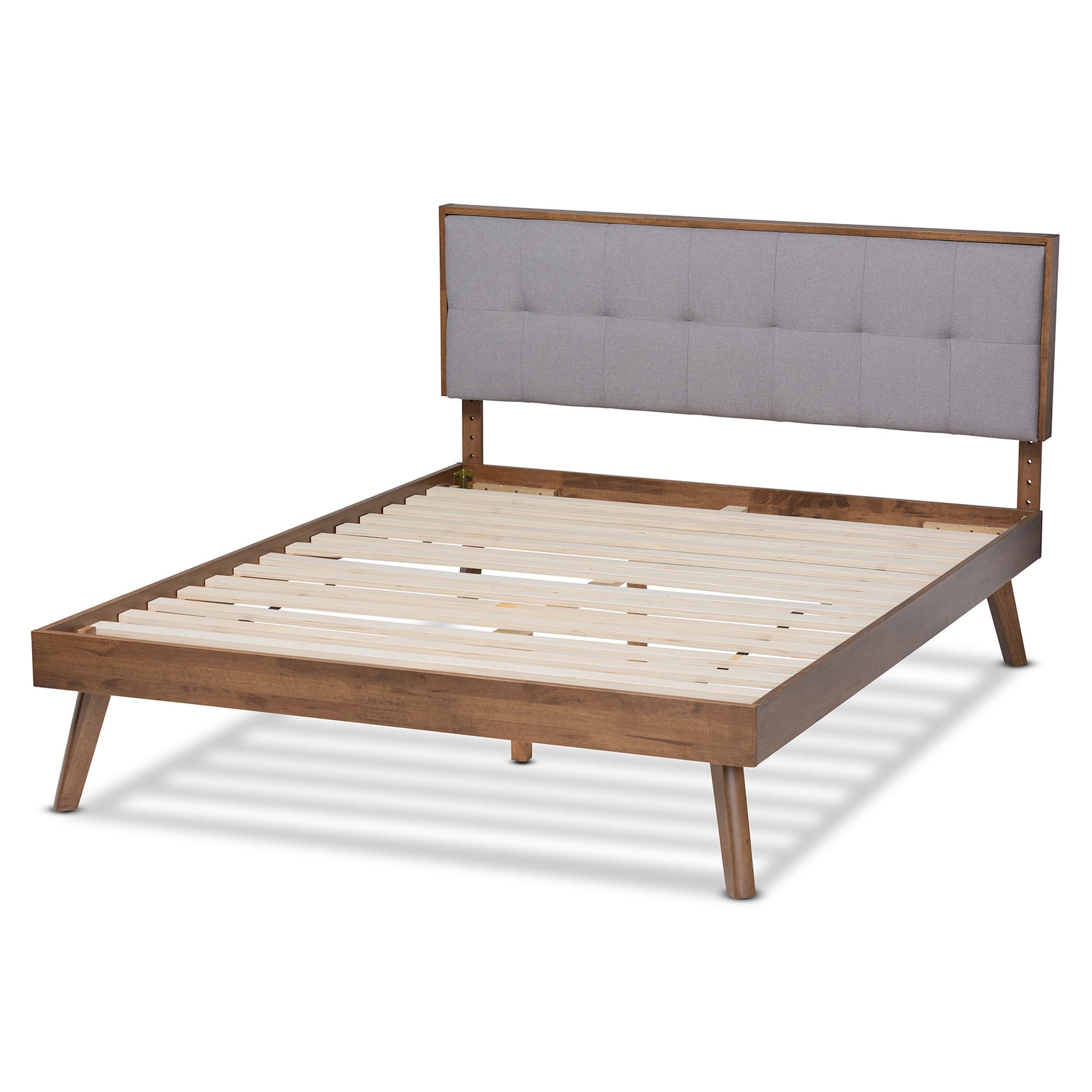 Alke Mid-Century Modern Light Grey Fabric Upholstered Walnut Brown Finished Wood Queen Size Platform Bed