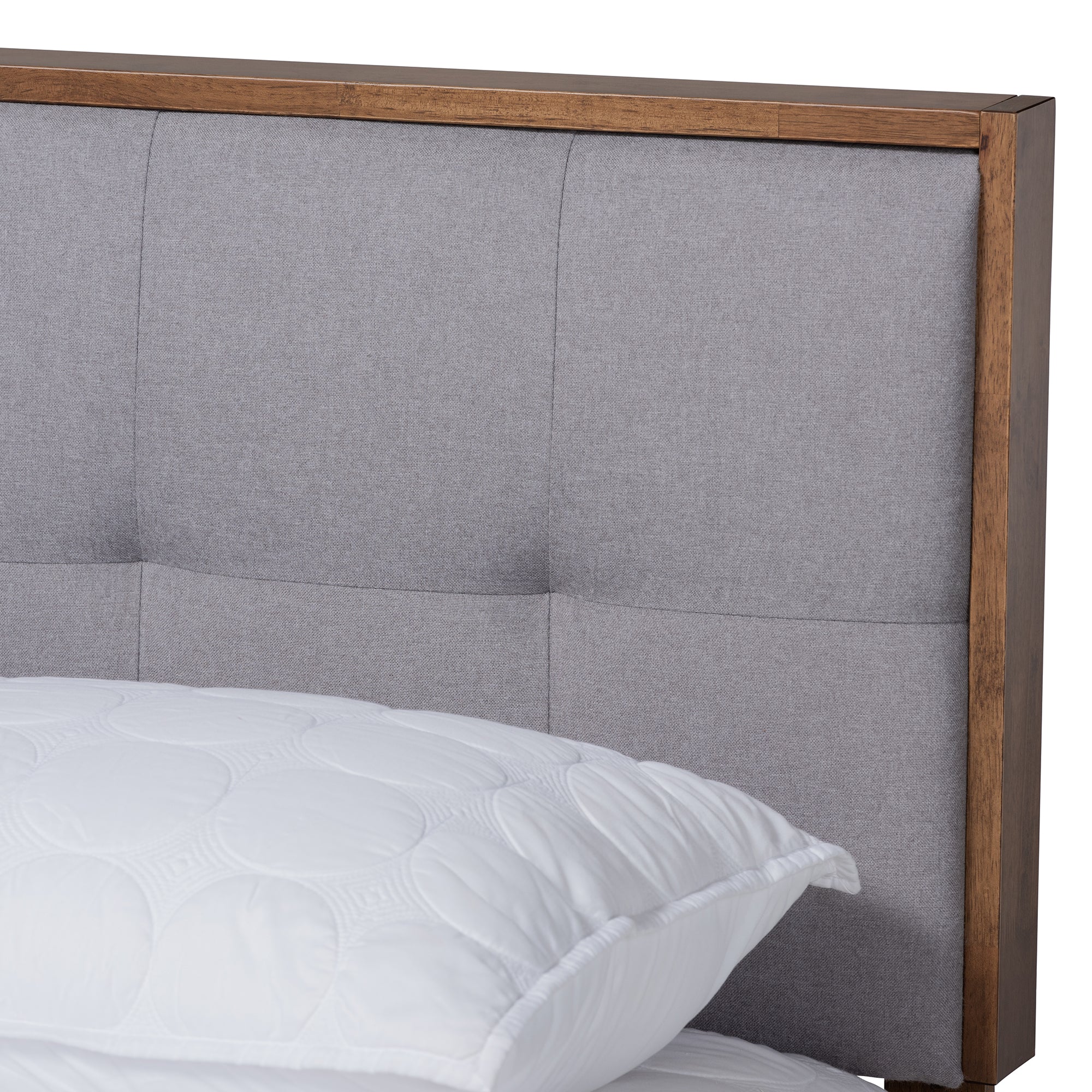 Alke Mid-Century Modern Light Grey Fabric Upholstered Walnut Brown Finished Wood Queen Size Platform Bed