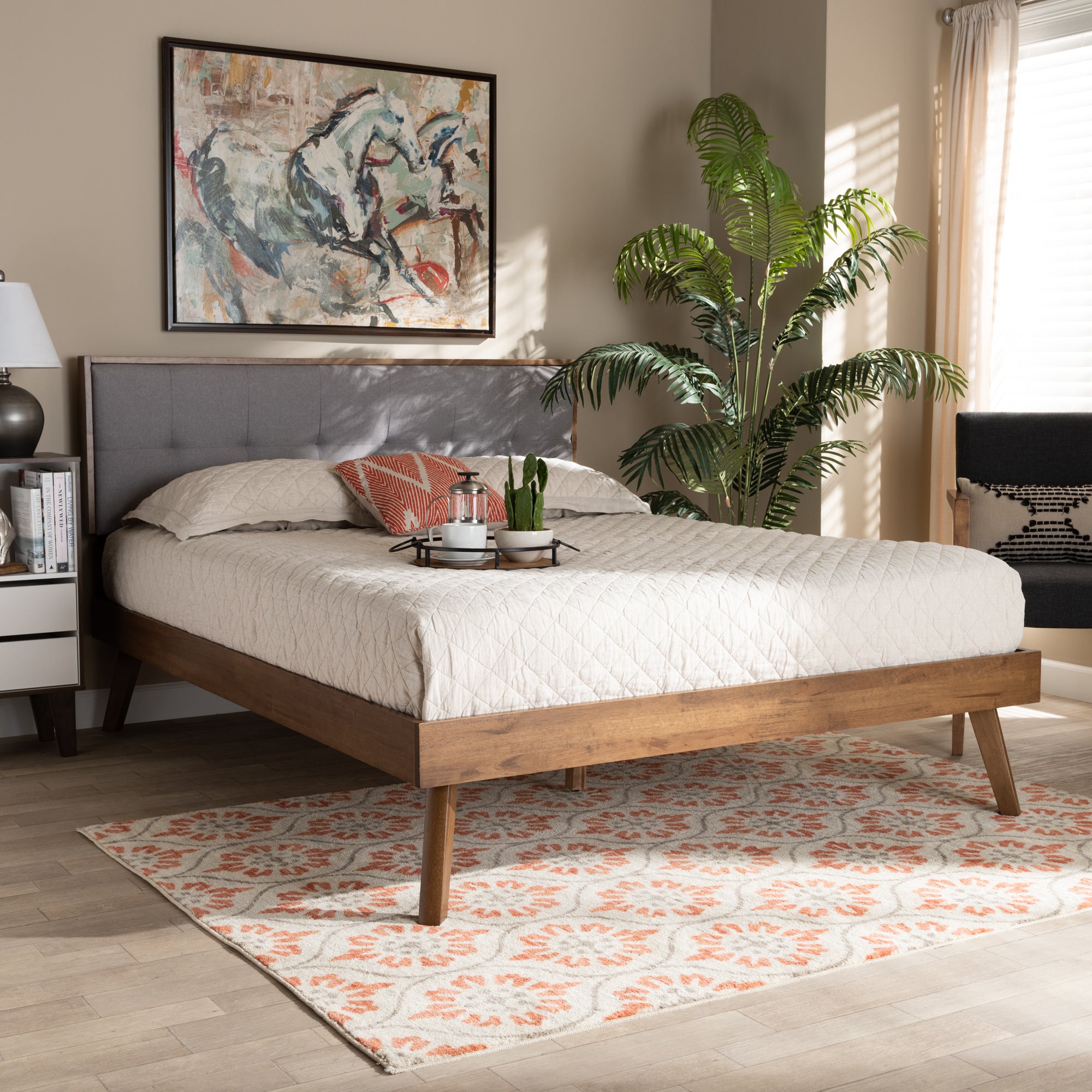 Alke Mid-Century Modern Light Grey Fabric Upholstered Walnut Brown Finished Wood Queen Size Platform Bed