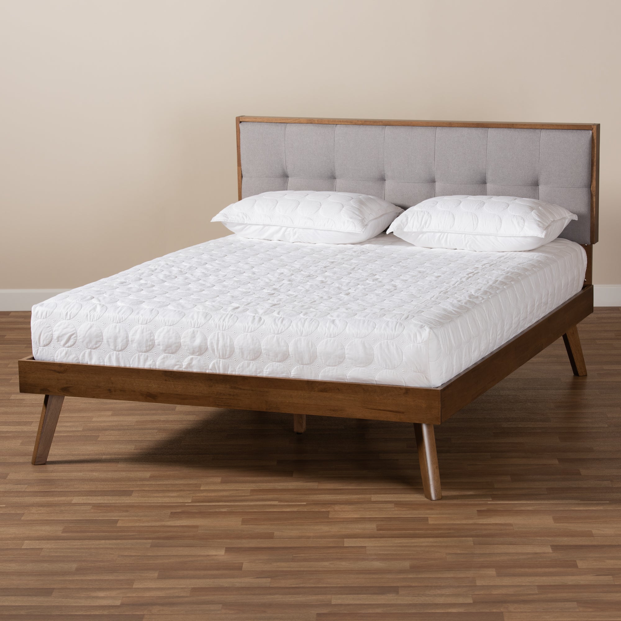Alke Mid-Century Modern Light Grey Fabric Upholstered Walnut Brown Finished Wood Queen Size Platform Bed