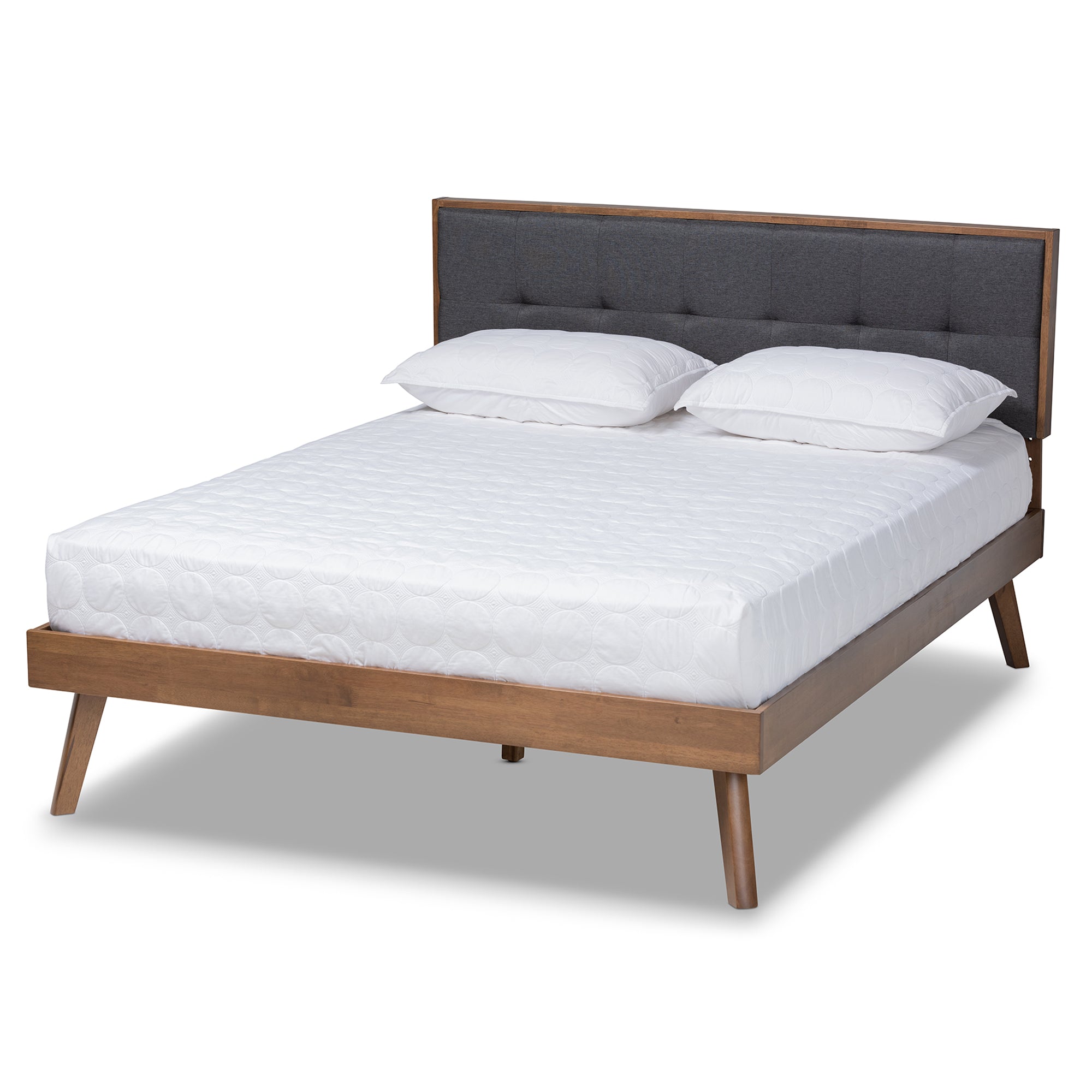 Alke Mid-Century Modern Dark Grey Fabric Upholstered Walnut Brown Finished Wood King Size Platform Bed