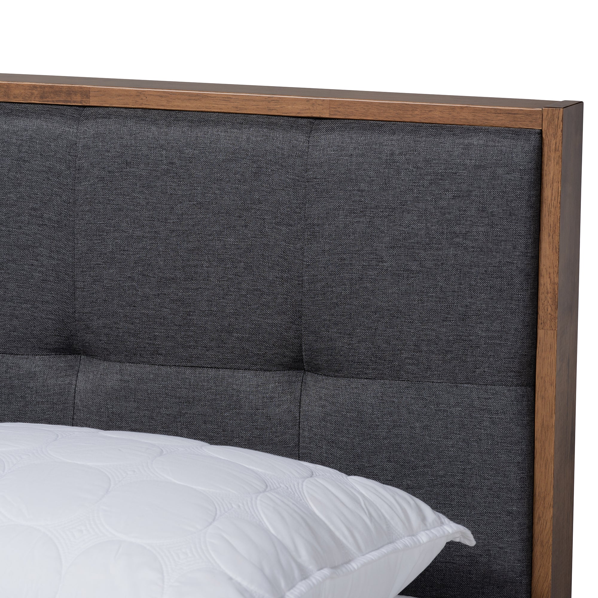 Alke Mid-Century Modern Dark Grey Fabric Upholstered Walnut Brown Finished Wood King Size Platform Bed