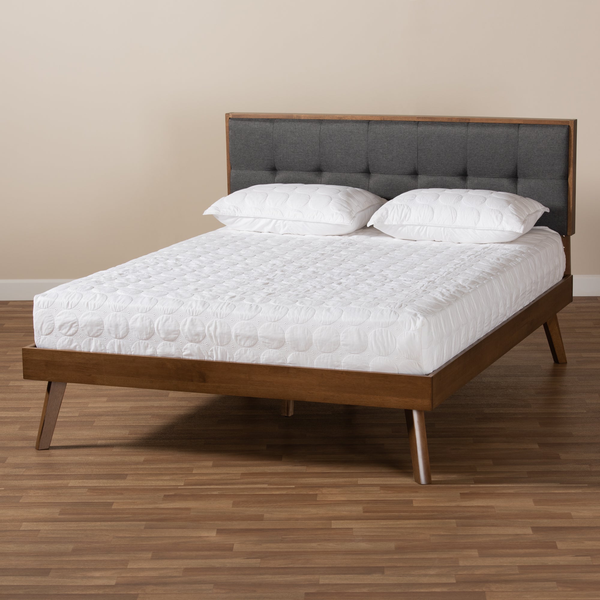 Alke Mid-Century Modern Dark Grey Fabric Upholstered Walnut Brown Finished Wood King Size Platform Bed