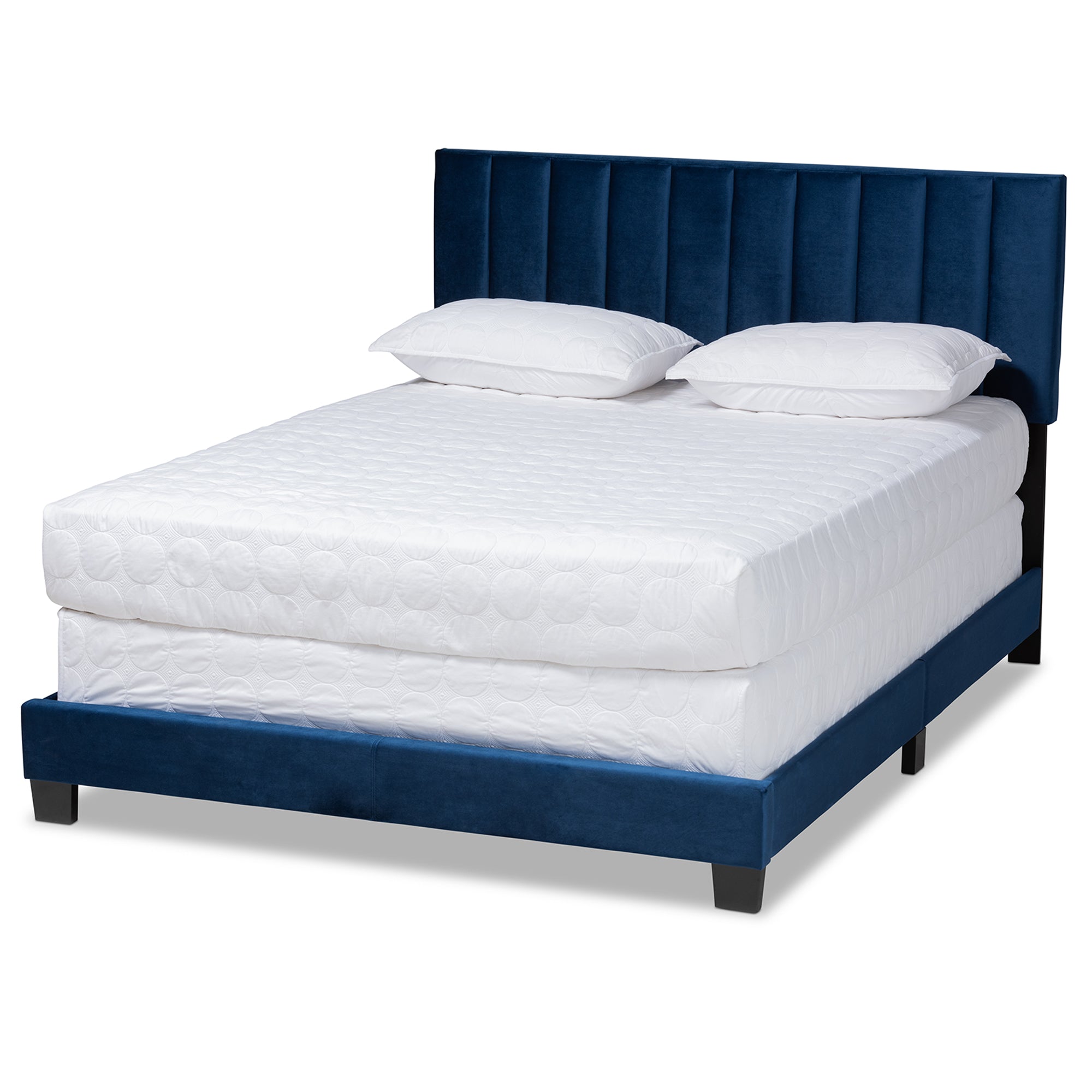 Clare Navy Blue Velvet Fabric Upholstered King Size Panel Bed with Channel Tufted Headboard