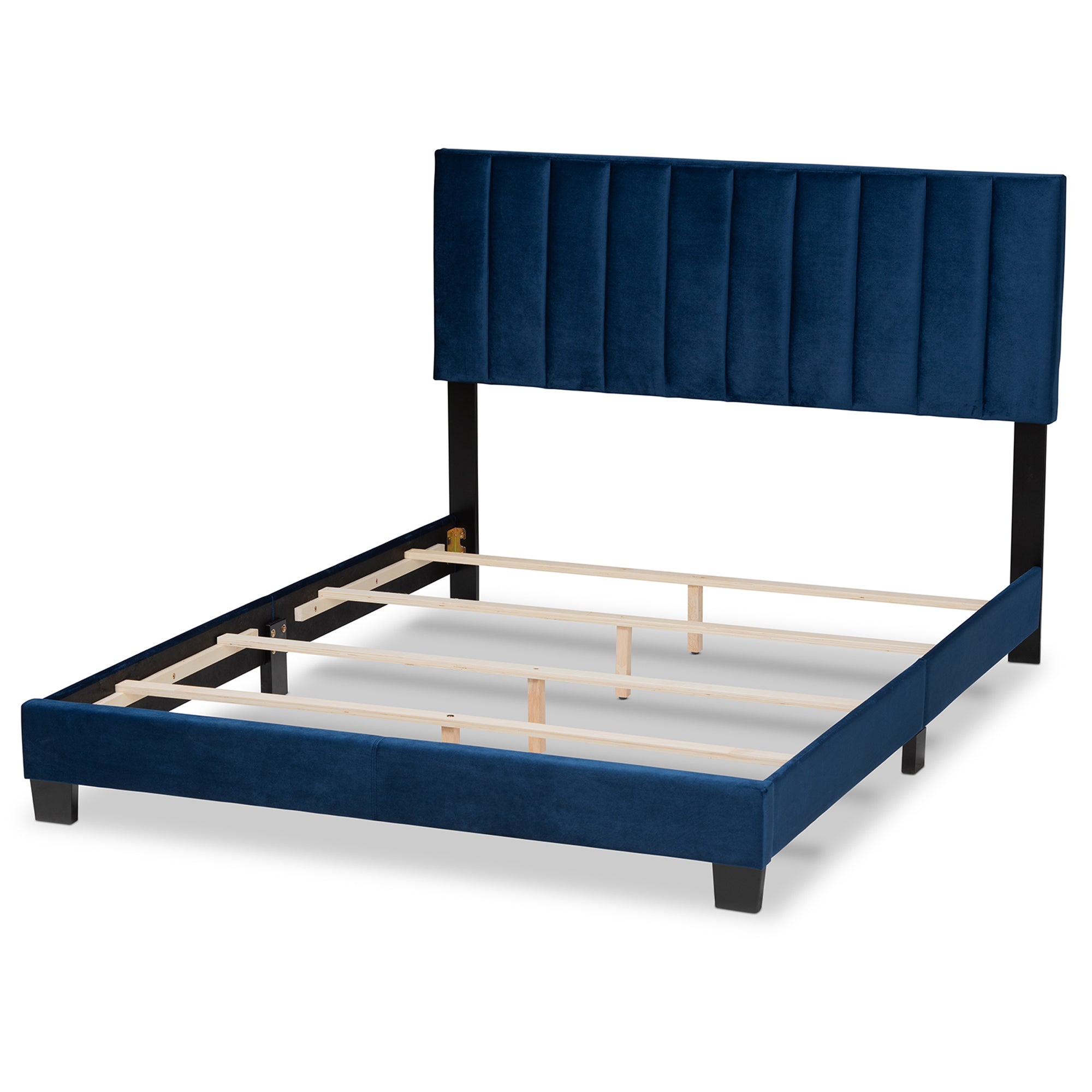 Clare Navy Blue Velvet Fabric Upholstered King Size Panel Bed with Channel Tufted Headboard