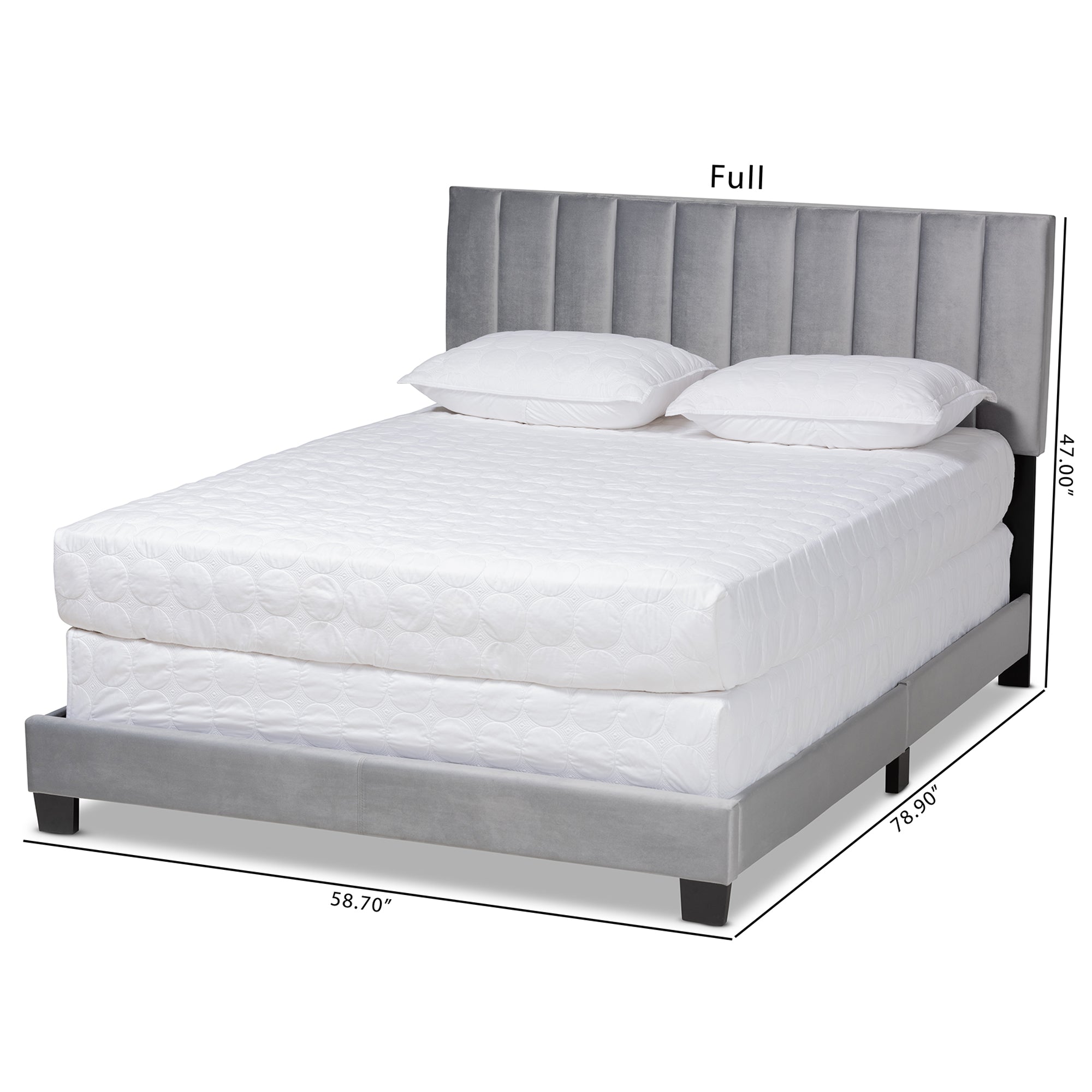 Clare Queen Size Bed Grey Velvet with Channel Tufted Headboard