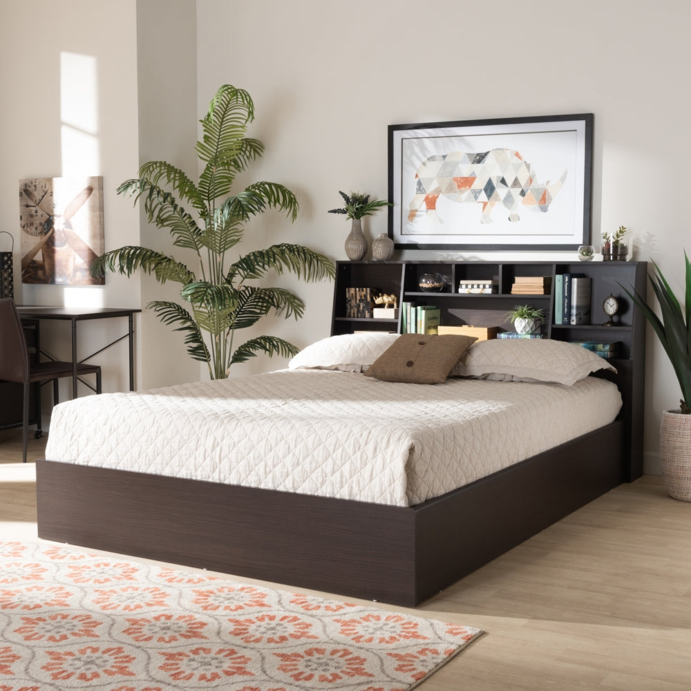 Geoffrey Dark Brown Finished Wood Queen Size Bed with Shelves